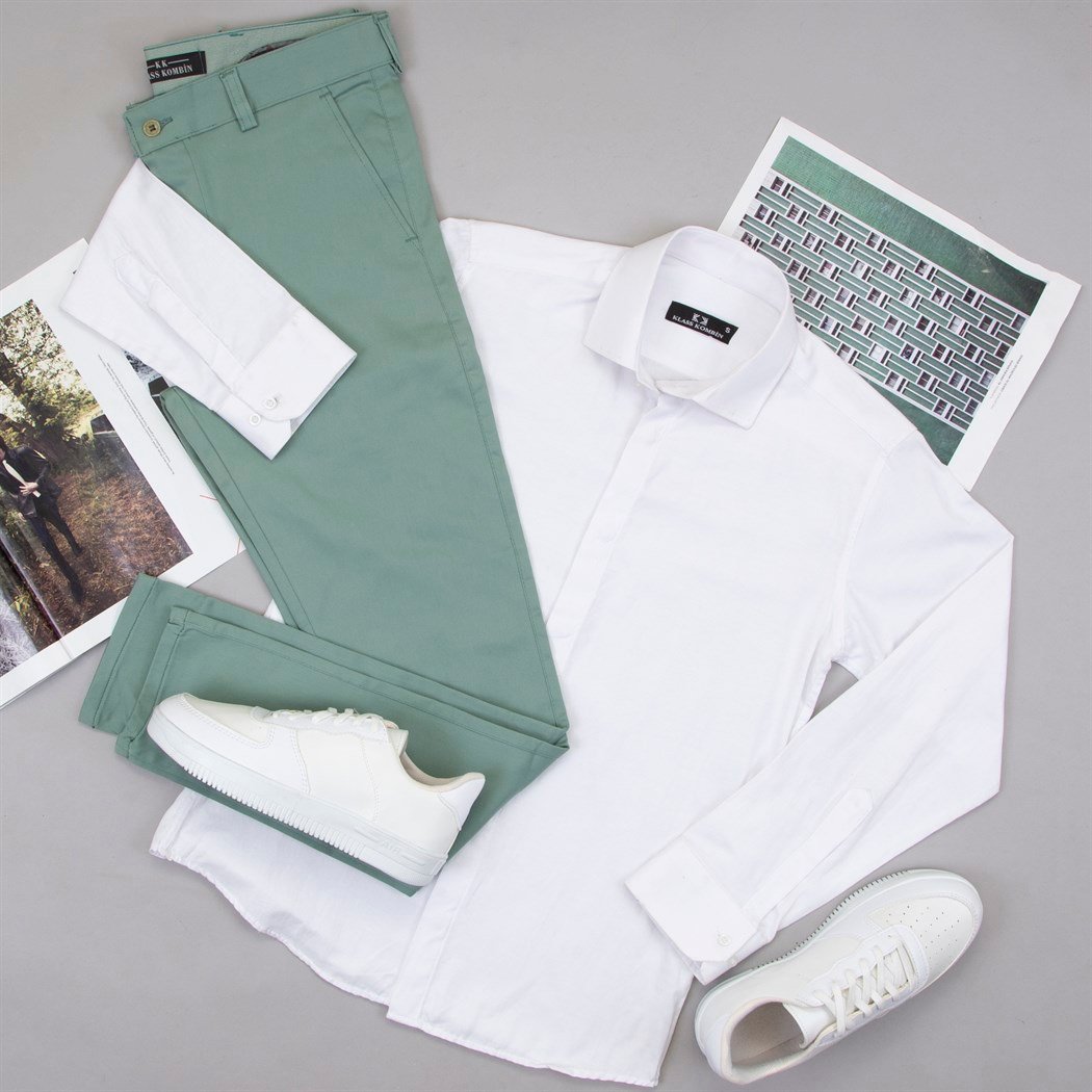 Su Yeşili Pantolon Beyaz Gömlek Ayakkabı Kombin
