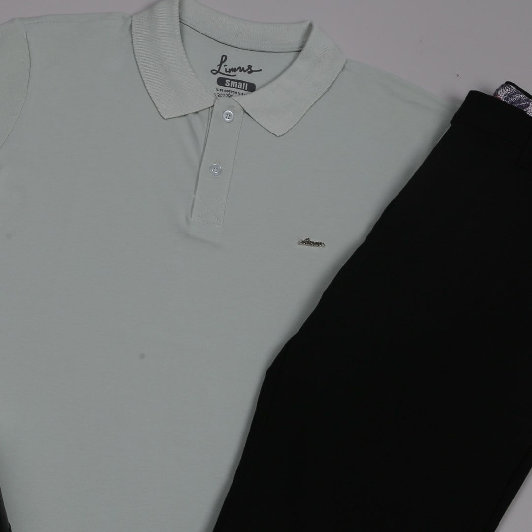 Su Yeşili Polo Yaka Tişört Siyah kumaş  pantolon  ayakkabı Kombin