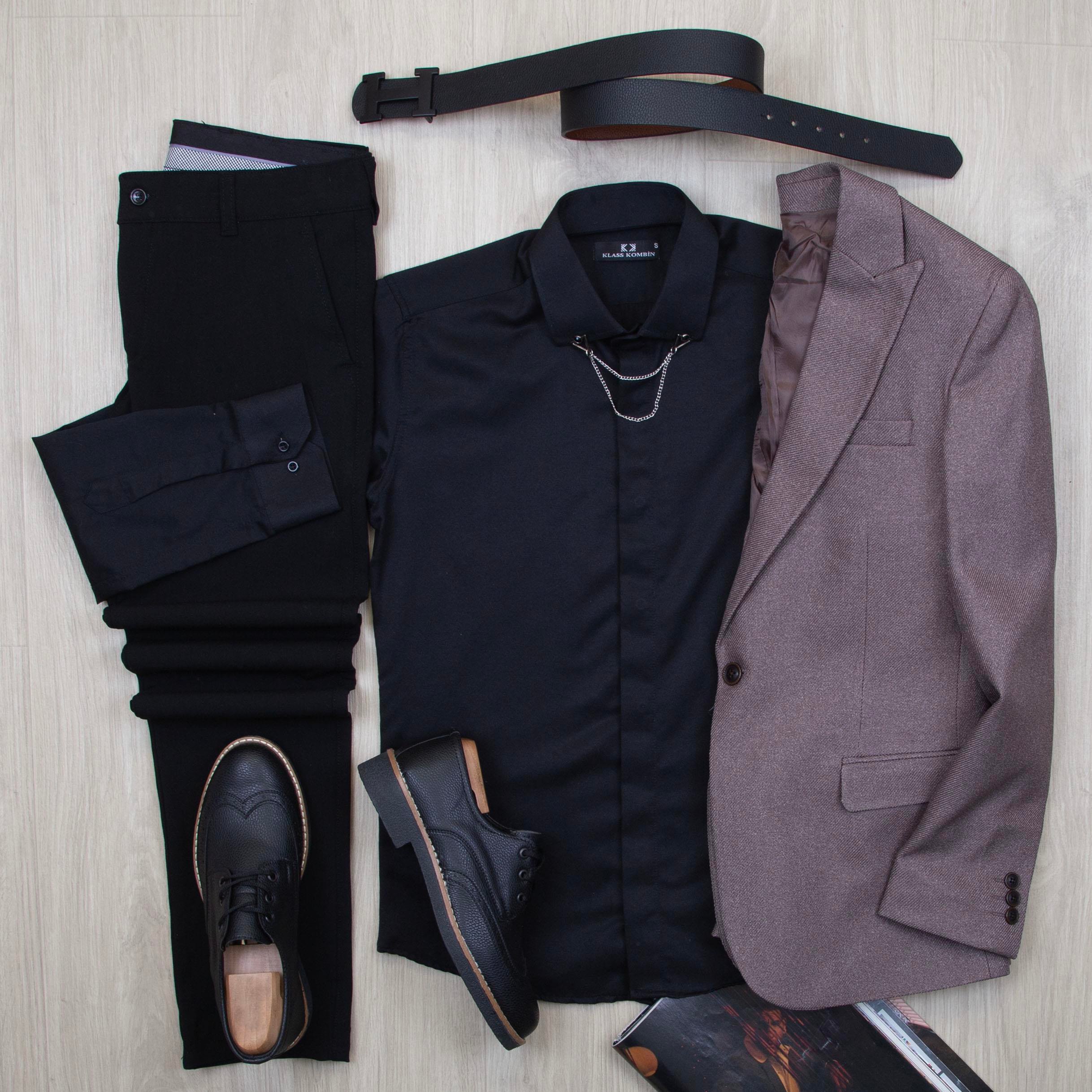 Sütlü Kahve Blazer Ceket Gömlek Pantolon Ayakkabı Kombin