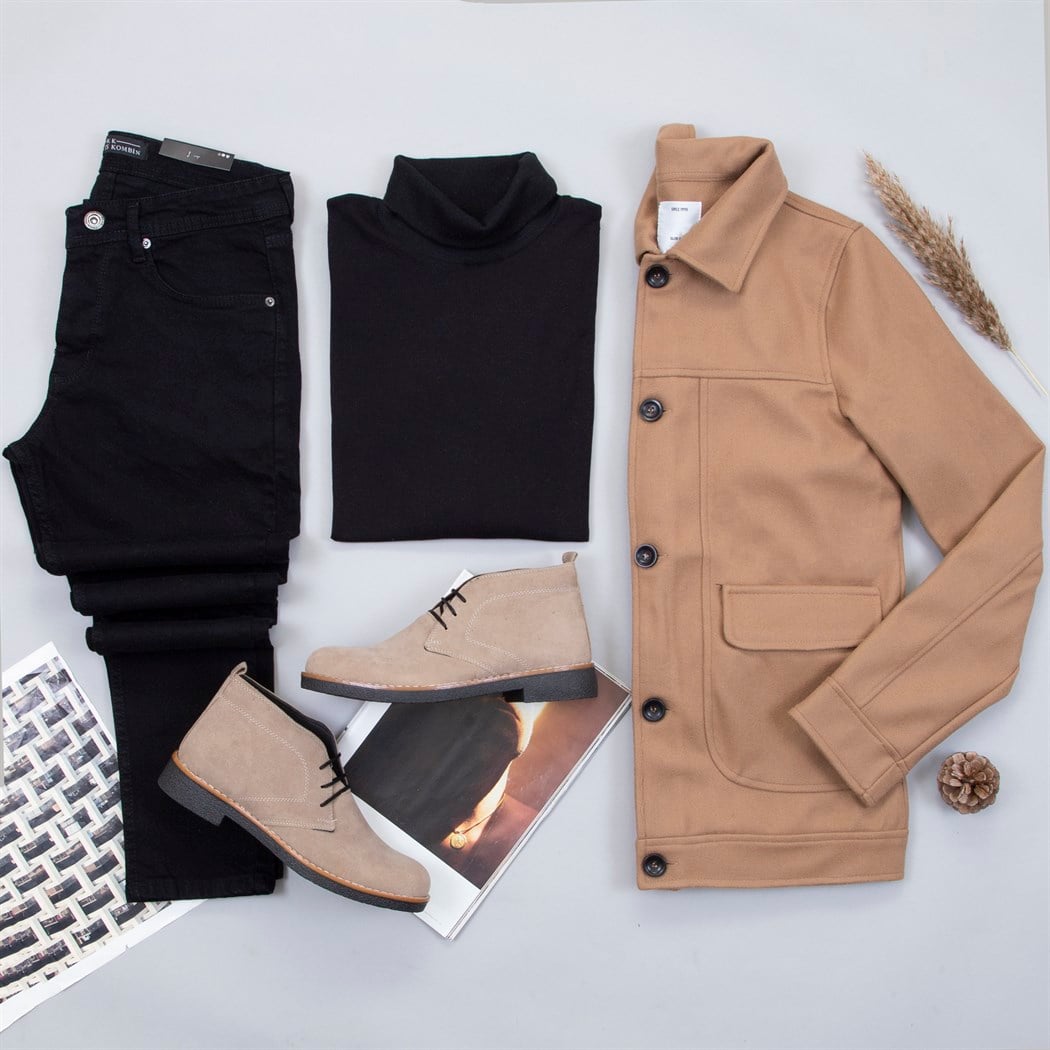 Sütlü Kahve Kaşe Ceket Boğazlı Kazak Pantolon Bot Kombin