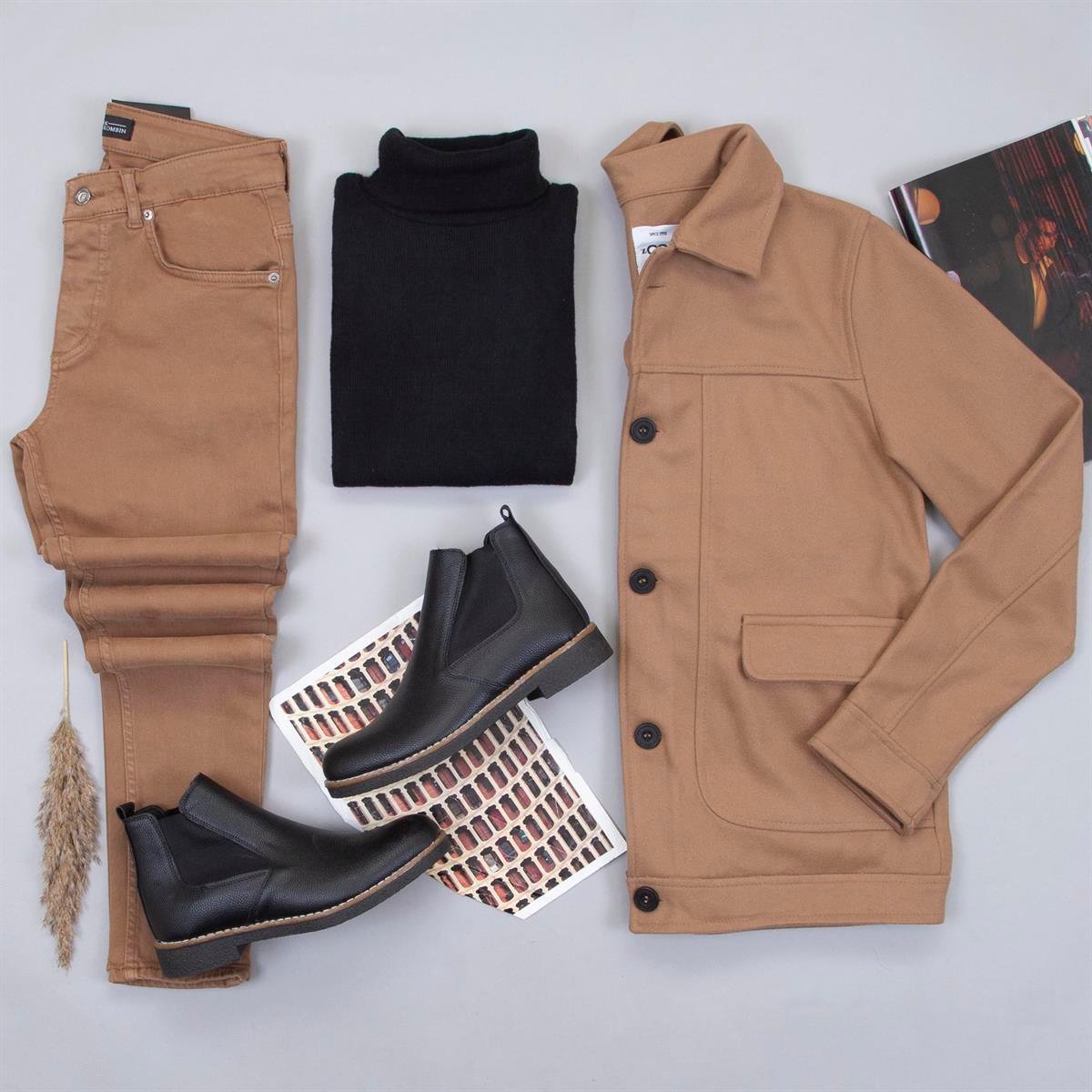 Sütlü Kahve Kaşe Ceket Boğazlı Kazak Pantolon Ayakkabı Kombin