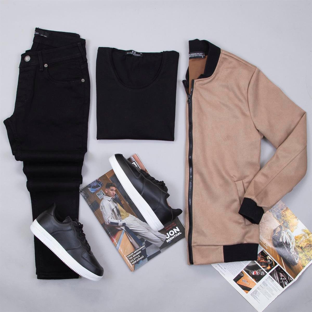 Sütlü Kahve Nubuk Ceket Tişört Pantolon Ayakkabı Kombin