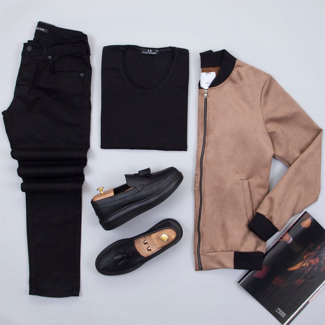 Sütlü Kahve Nubuk Ceket Tişört Pantolon Ayakkabı Kombin