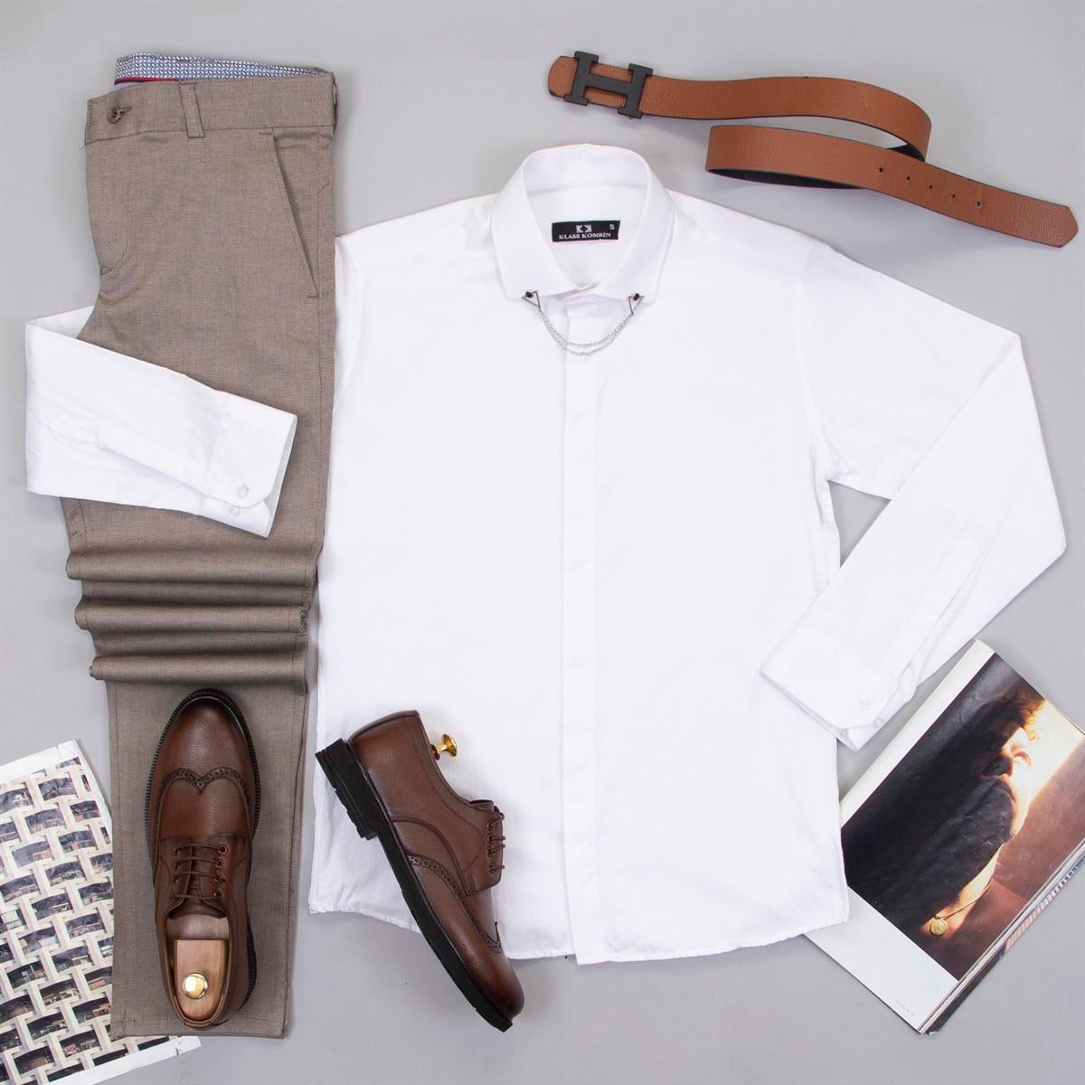 Sütlü Kahve Pantolon Beyaz Gömlek Ayakkabı Kombin