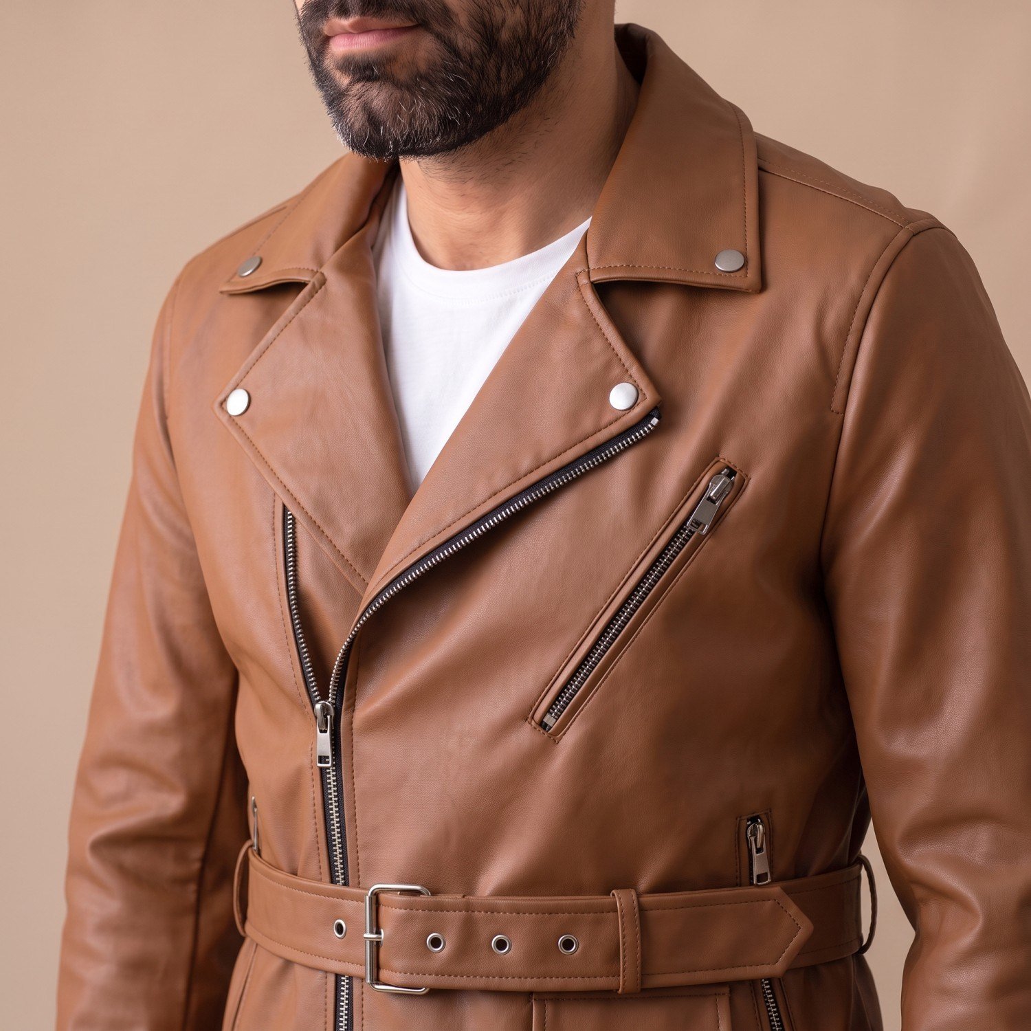 Taba Biker Deri Ceket Erkek
