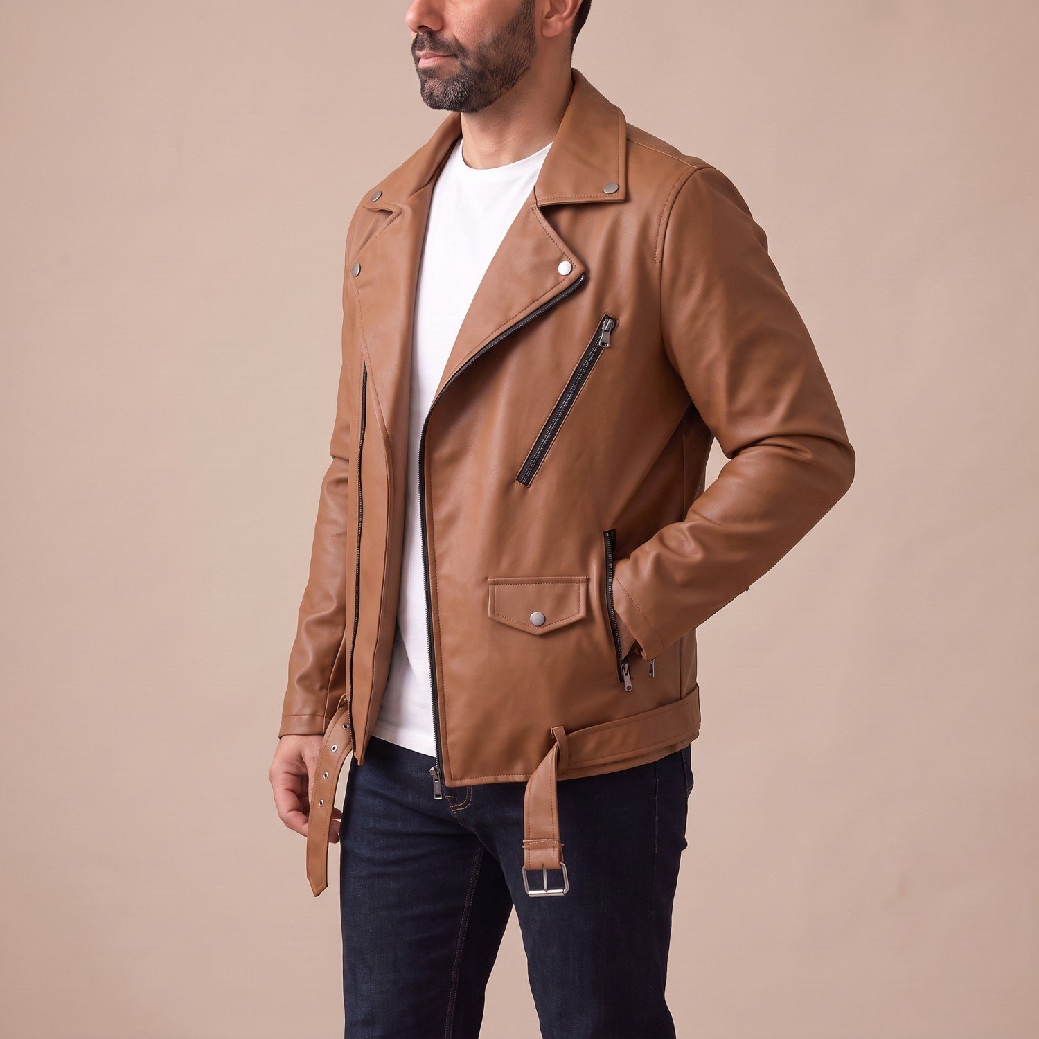 Taba Biker Deri Ceket Erkek
