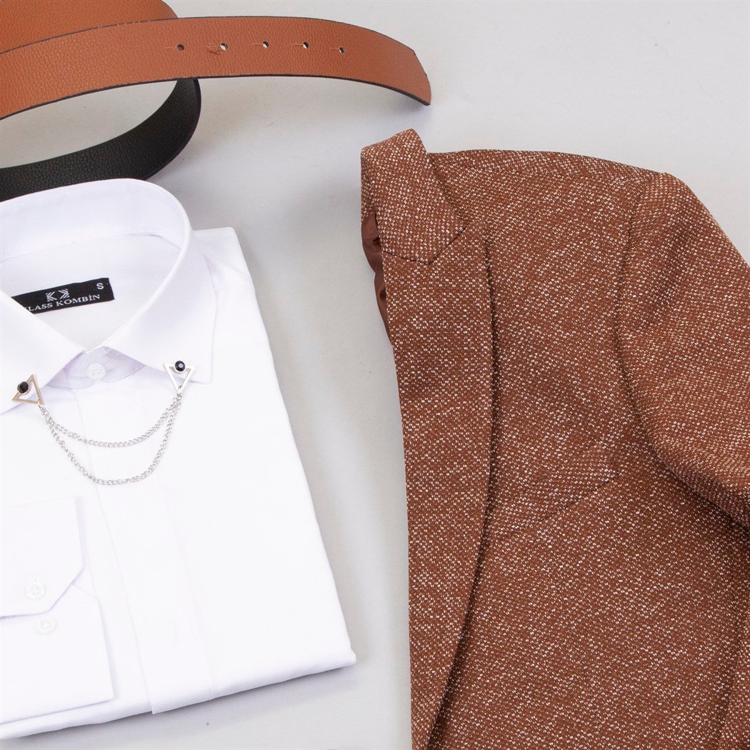 Taba Blazer Ceket Tişört Pantolon Ayakkabı Kombin