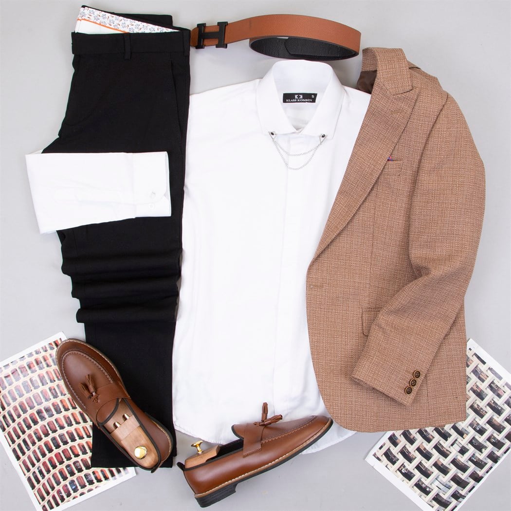 Taba Blazer Ceket Gömlek Pantolon Ayakkabı Kombin