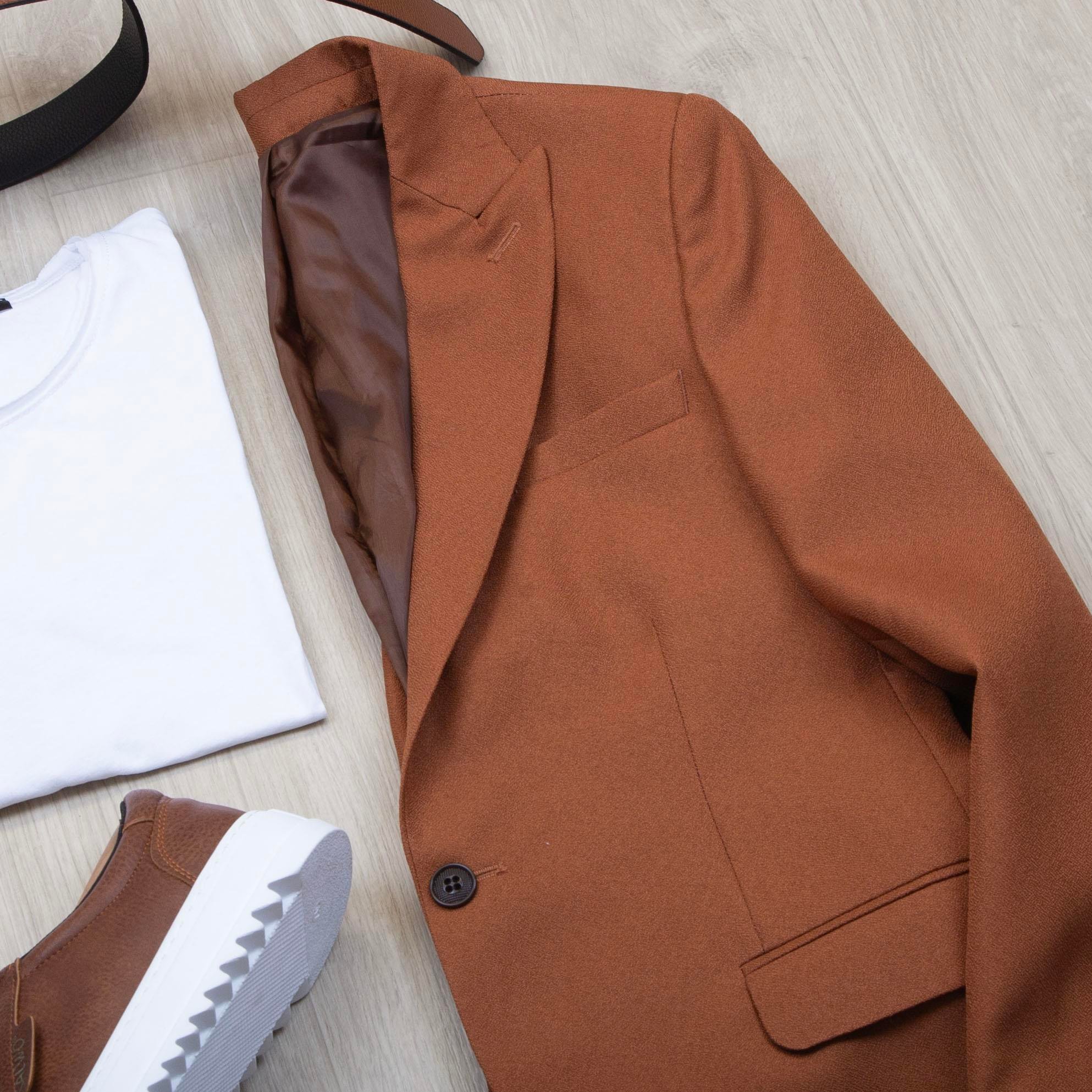 Taba Blazer Ceket Tişört Pantolon Ayakkabı Kombin