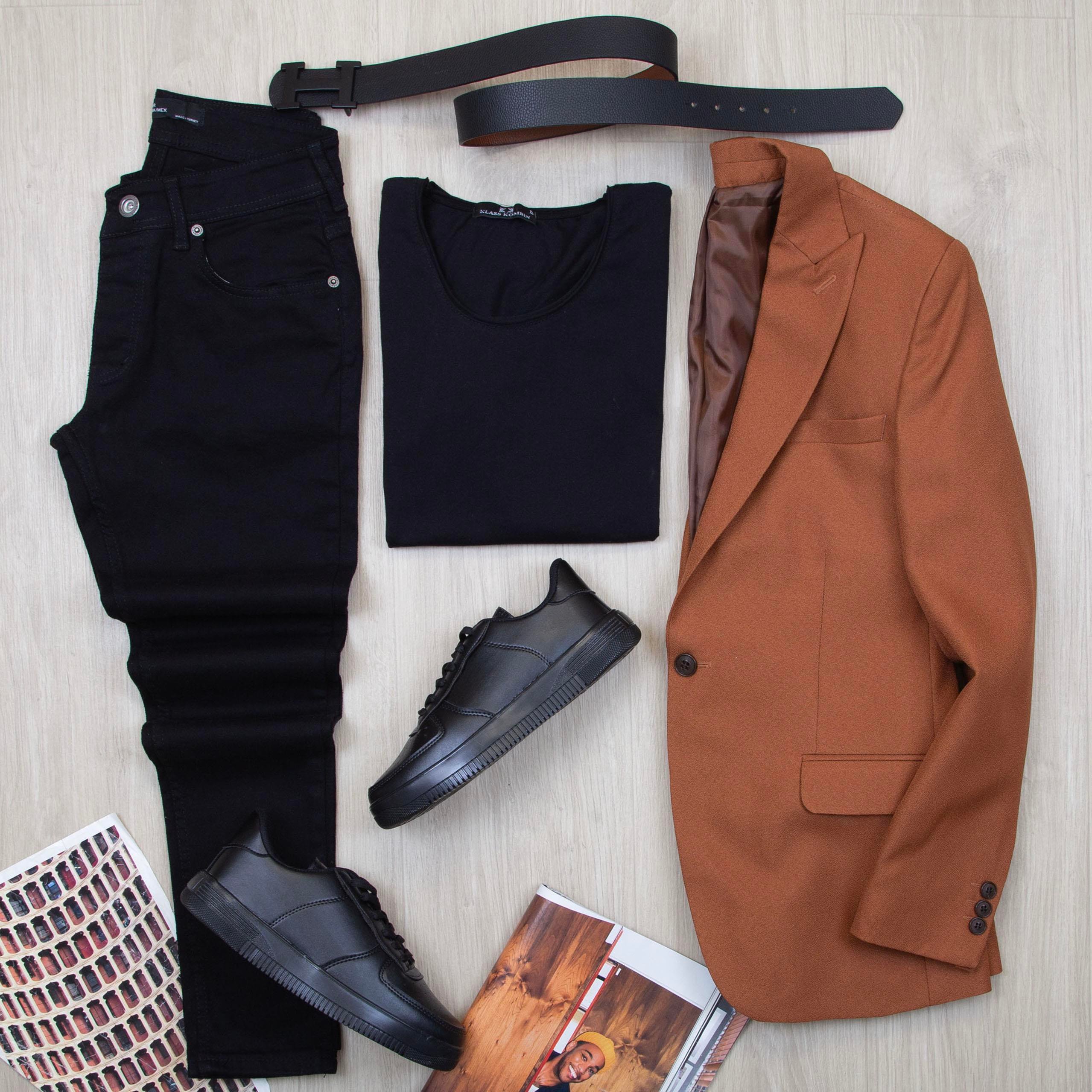 Taba Blazer Ceket Tişört Pantolon Ayakkabı Kombin