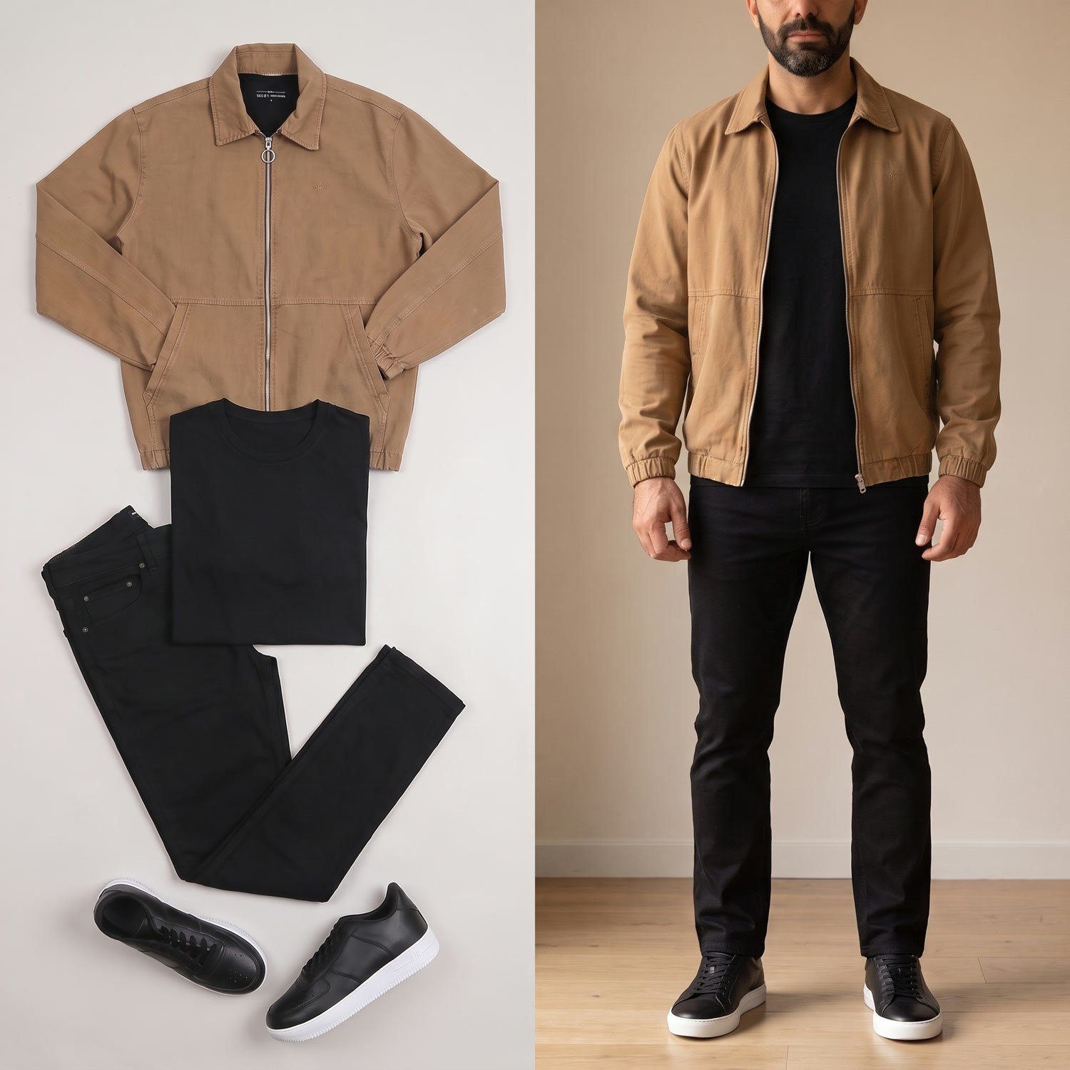 Taba Bomber Ceket Tişört Pantolon Ayakkabı Kombini