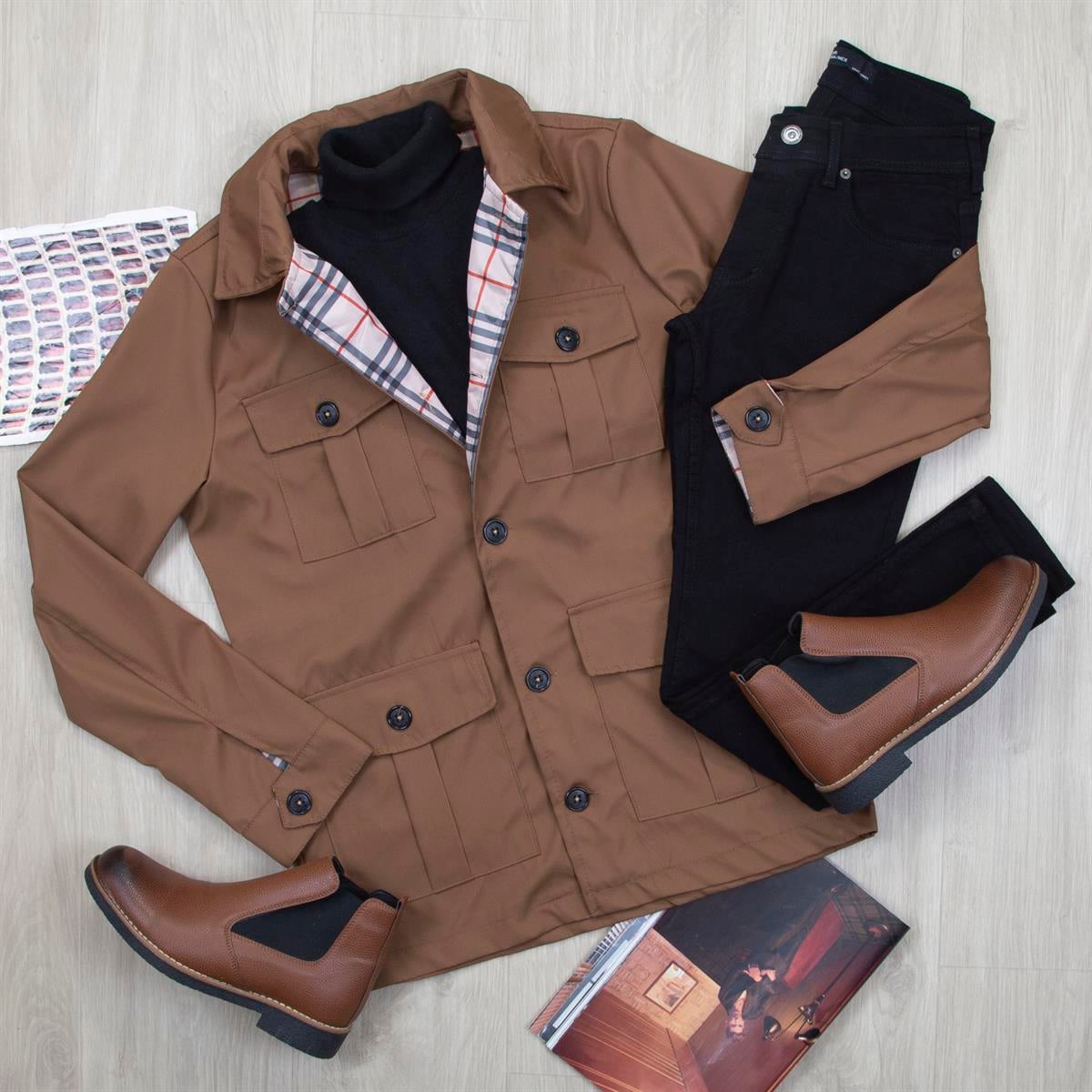 Taba Ceket Boğazlı Body Pantolon Bot Kombin