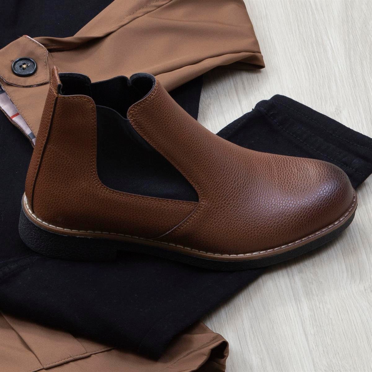 Taba Ceket Boğazlı Body Pantolon Bot Kombin