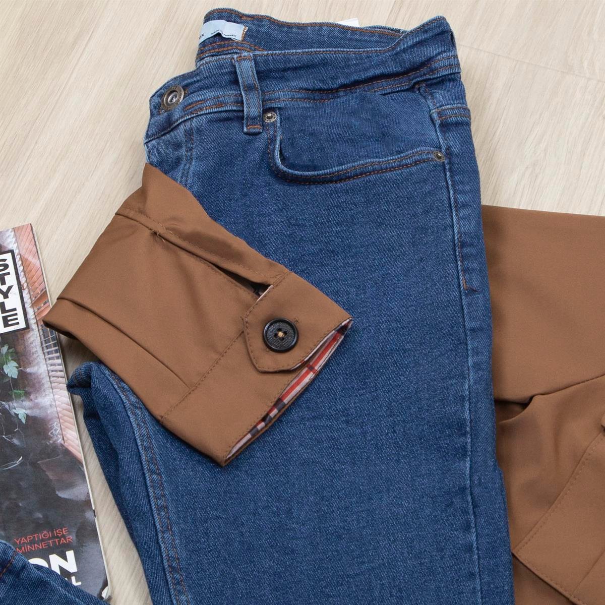 Taba Ceket Tişört Pantolon Ayakkabı Kombin