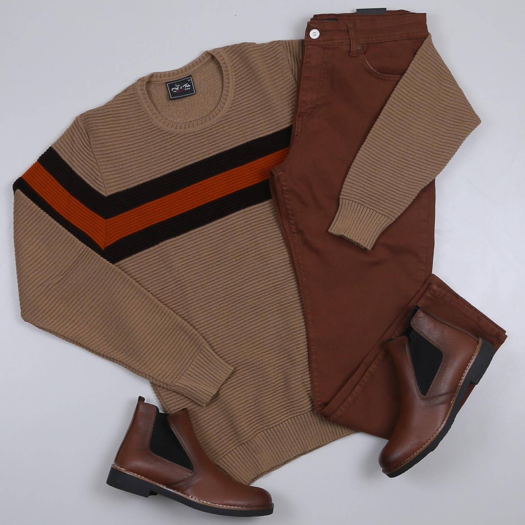 Taba Çizgili Kazak Kot Pantolon Bot Kombini