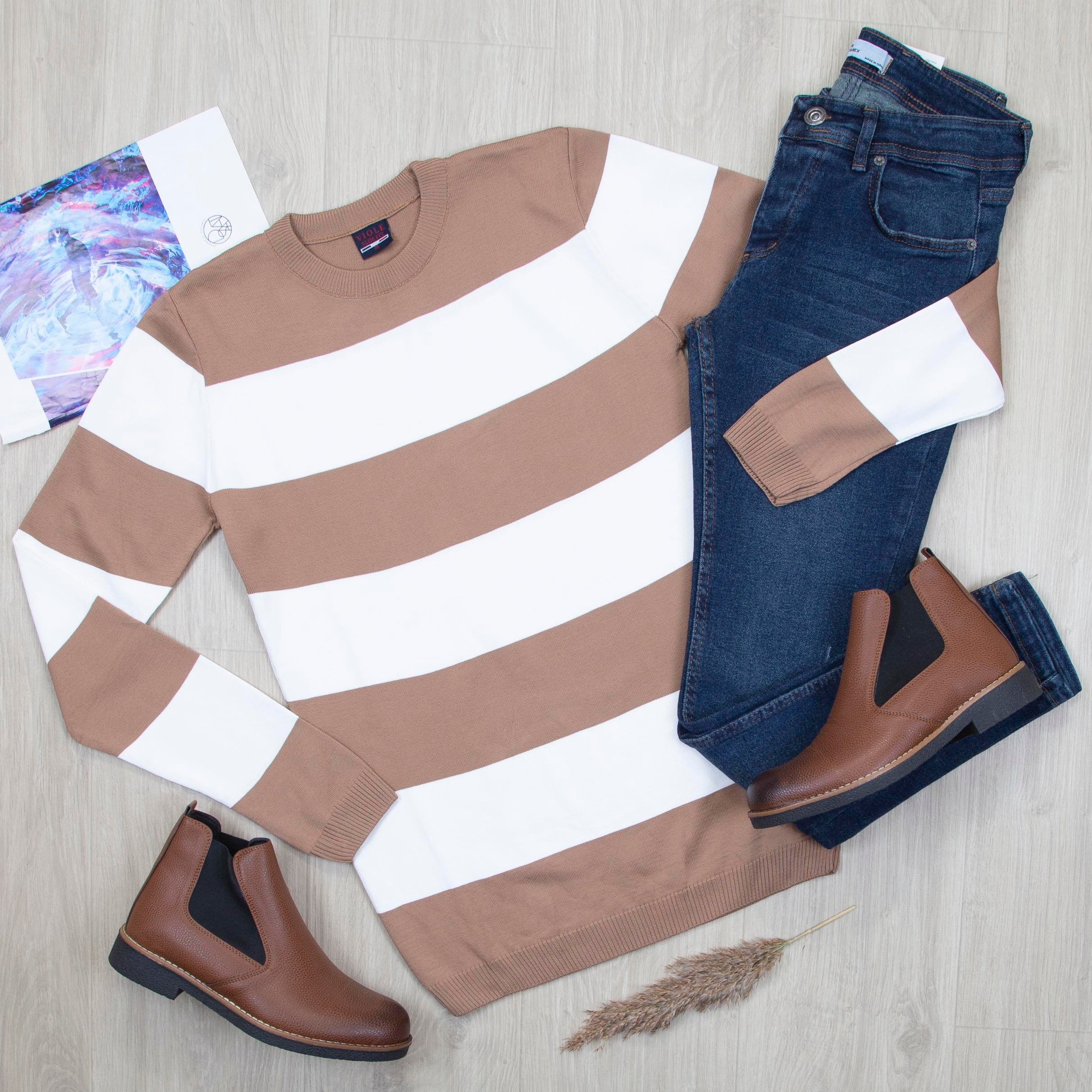 Taba Çizgili Kazak Pantolon Ayakkabı Kombin