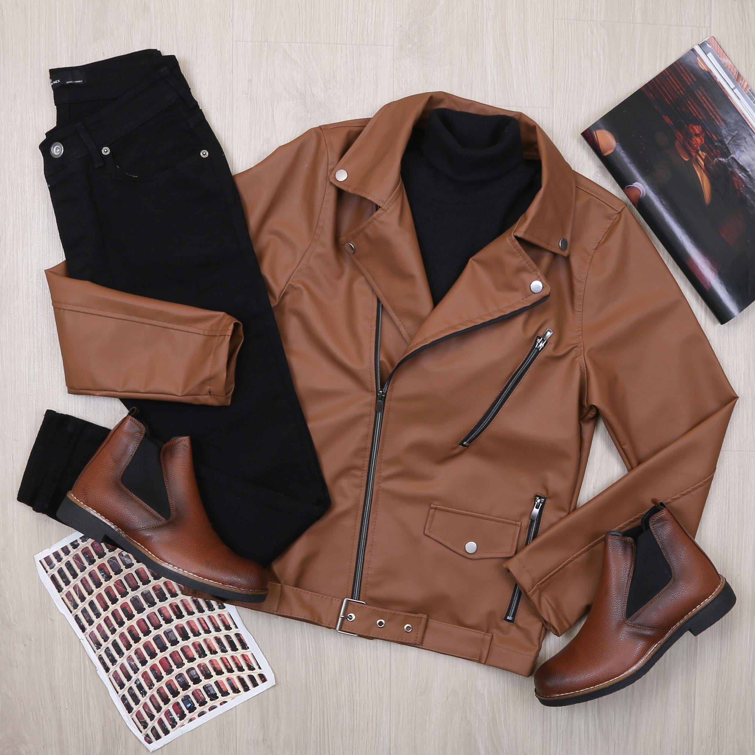 Taba Deri Ceket Tişört Pantolon Ayakkabı Kombin