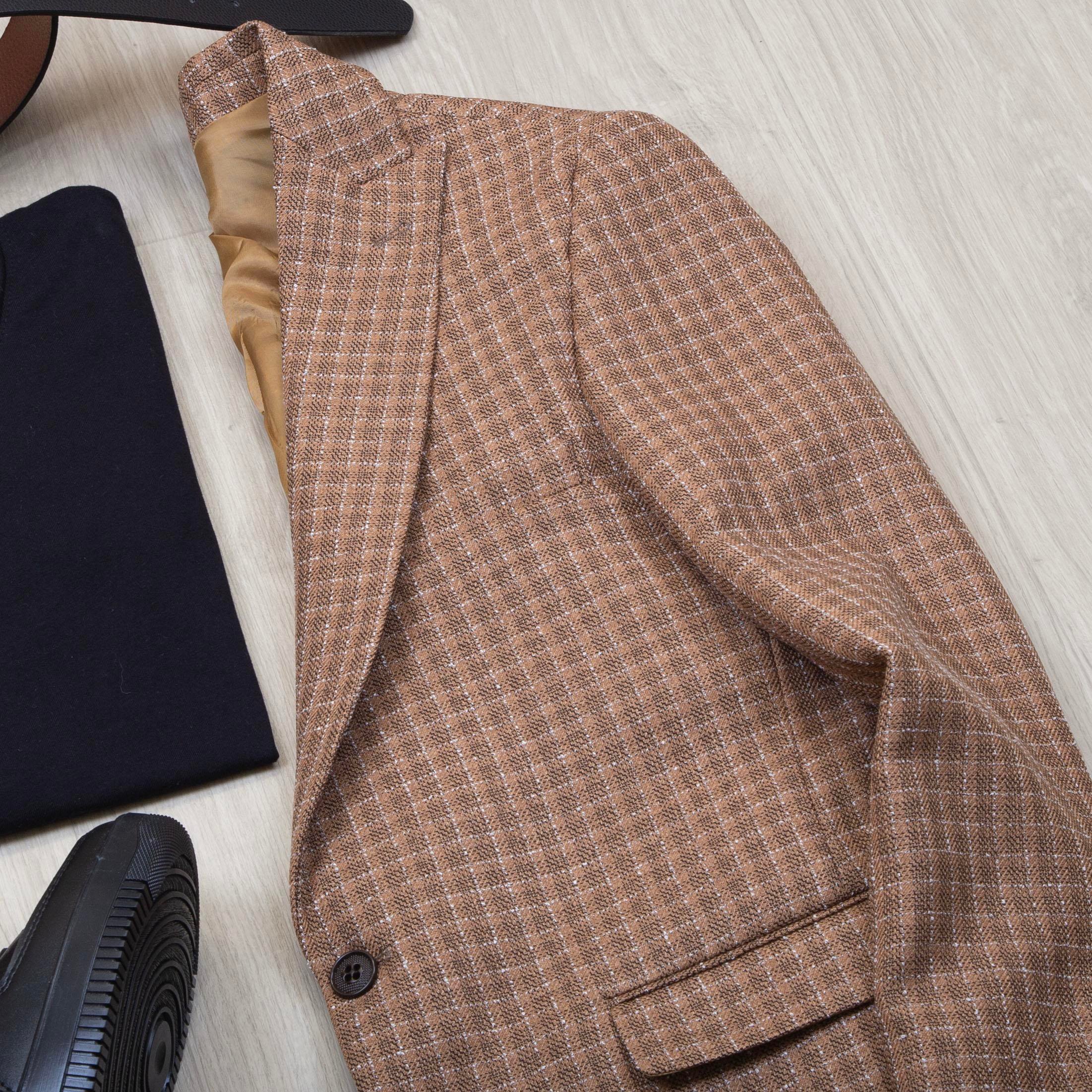 Taba Ekose Blazer Ceket Tişört Pantolon Ayakkabı Kombin