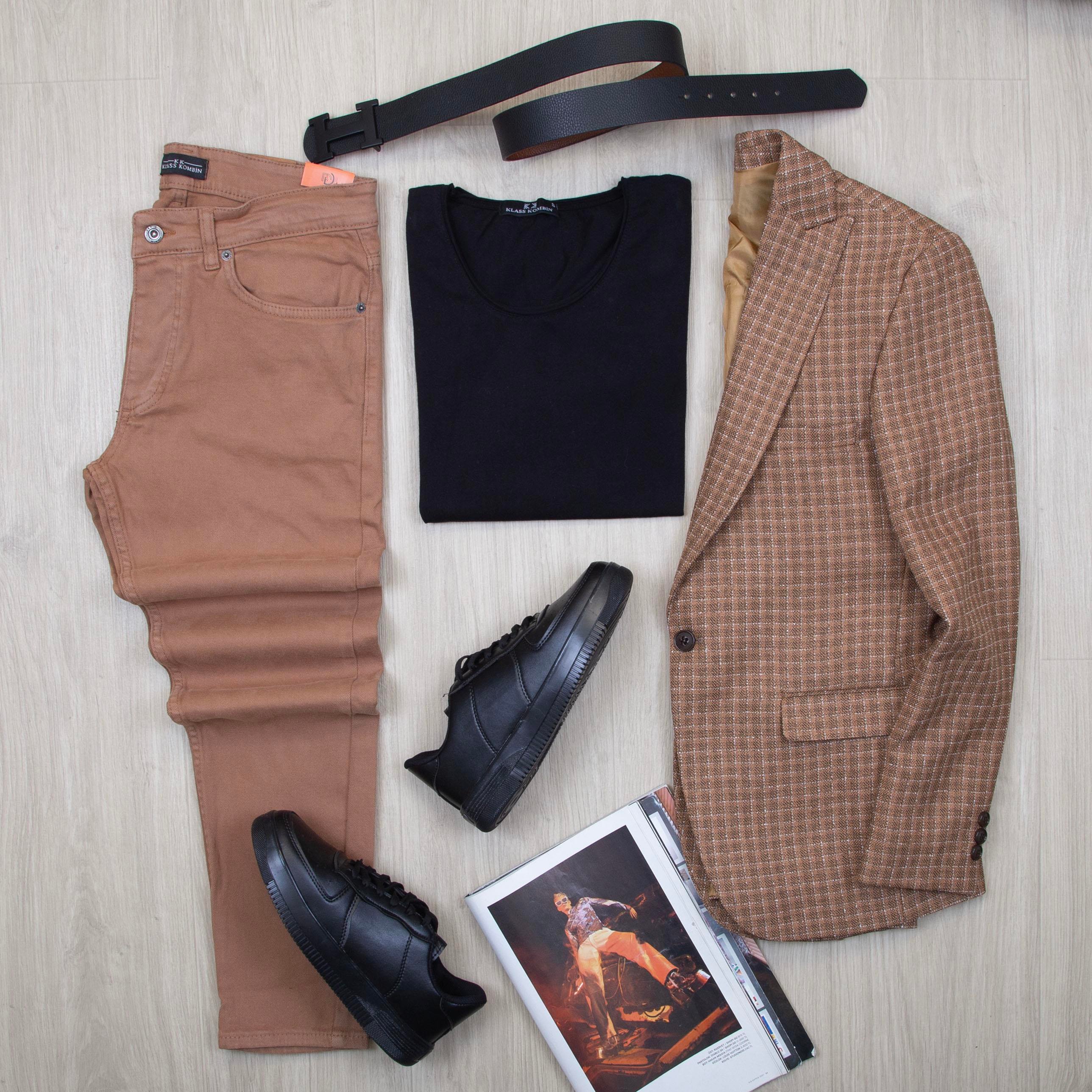 Taba Ekose Blazer Ceket Tişört Pantolon Ayakkabı Kombin