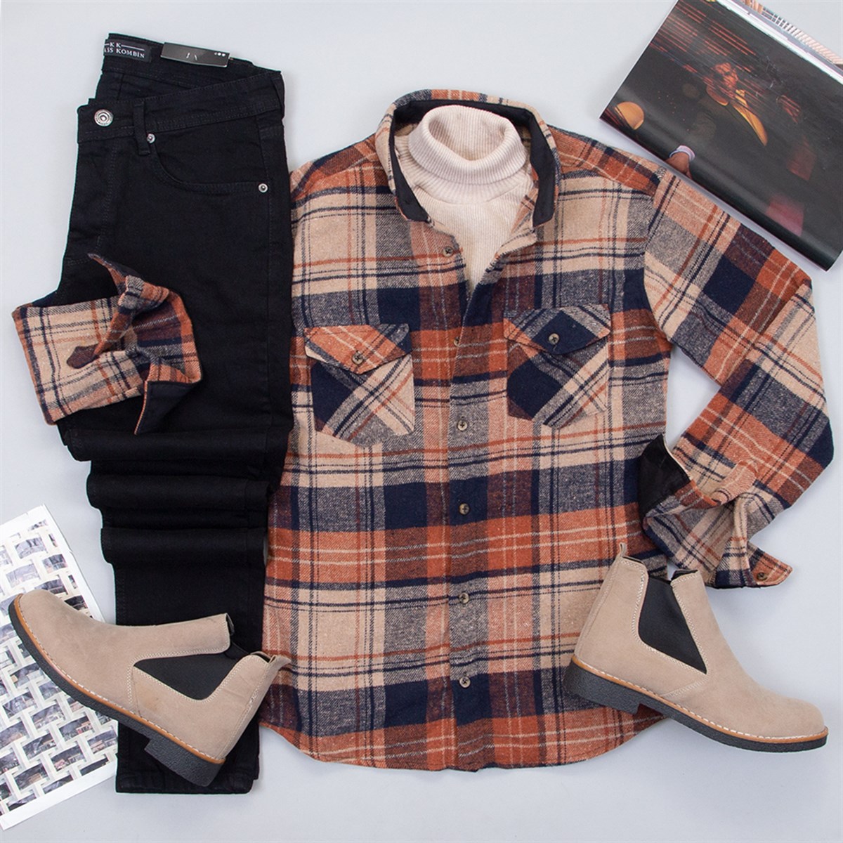 Taba Ekose Oduncu Gömlek Boğazlı Kazak Pantolon Bot Kombin