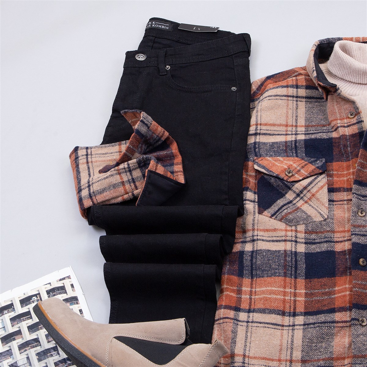 Taba Ekose Oduncu Gömlek Boğazlı Kazak Pantolon Bot Kombin