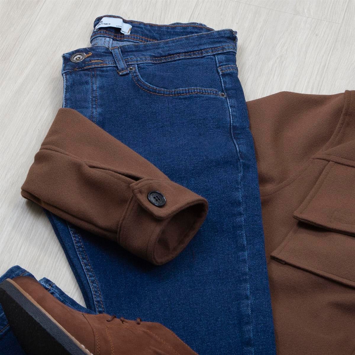 Taba Kaşe Ceket Boğazlı Body Pantolon Bot Kombin