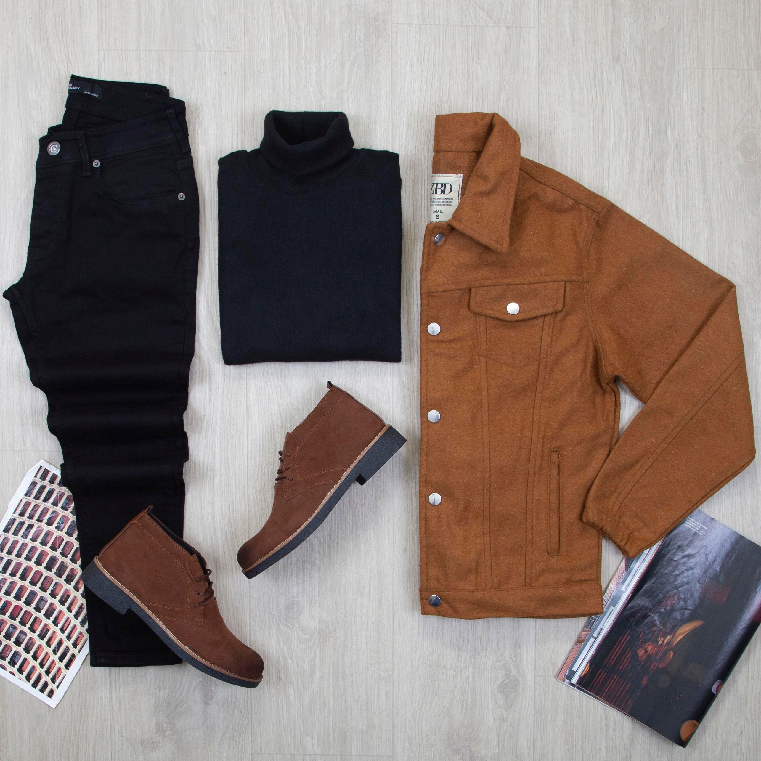 Taba Kaşe Ceket Boğazlı Body Pantolon Bot Kombin