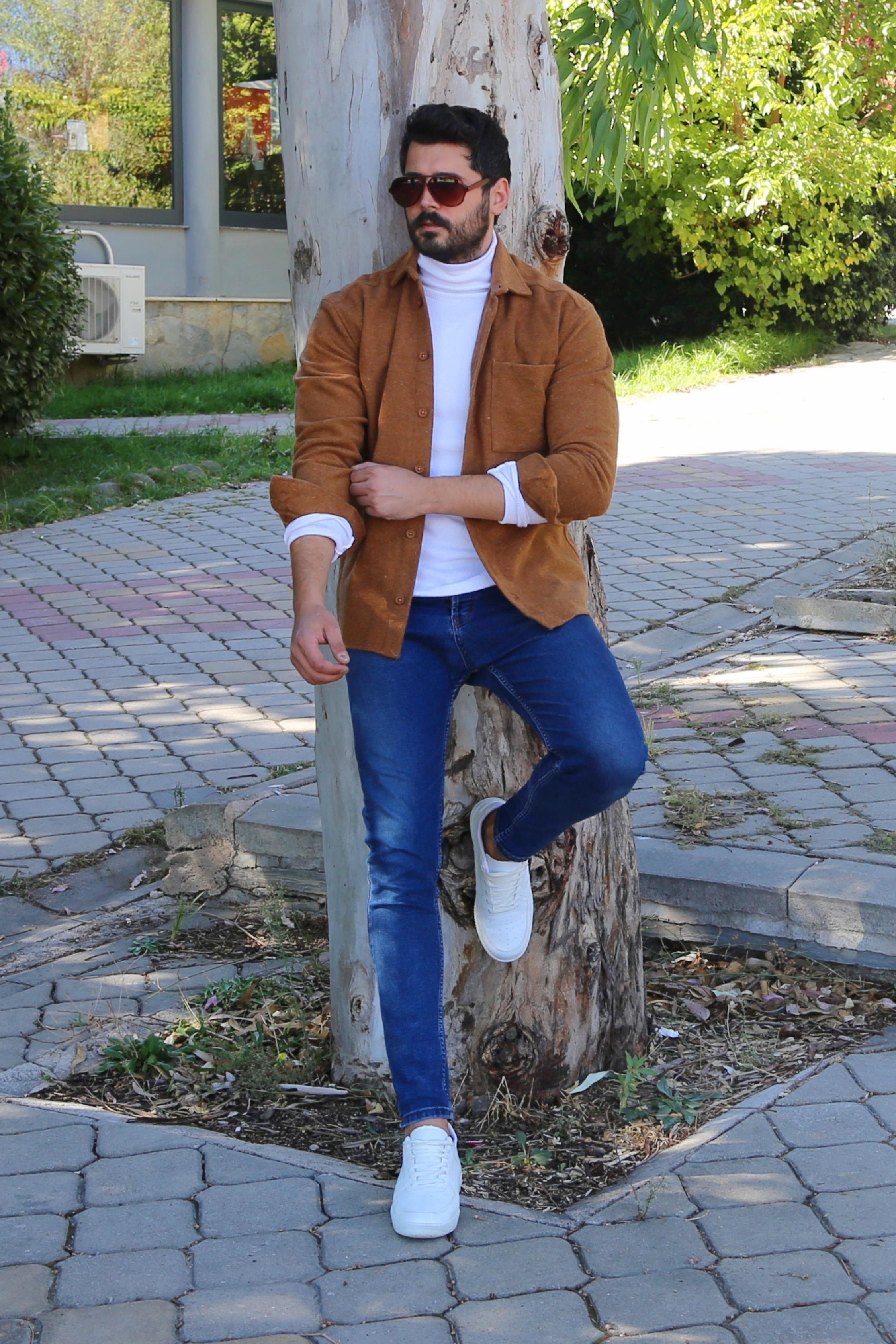 Taba Kaşe Gömlek Boğazlı Body Pantolon Ayakkabı Kombin