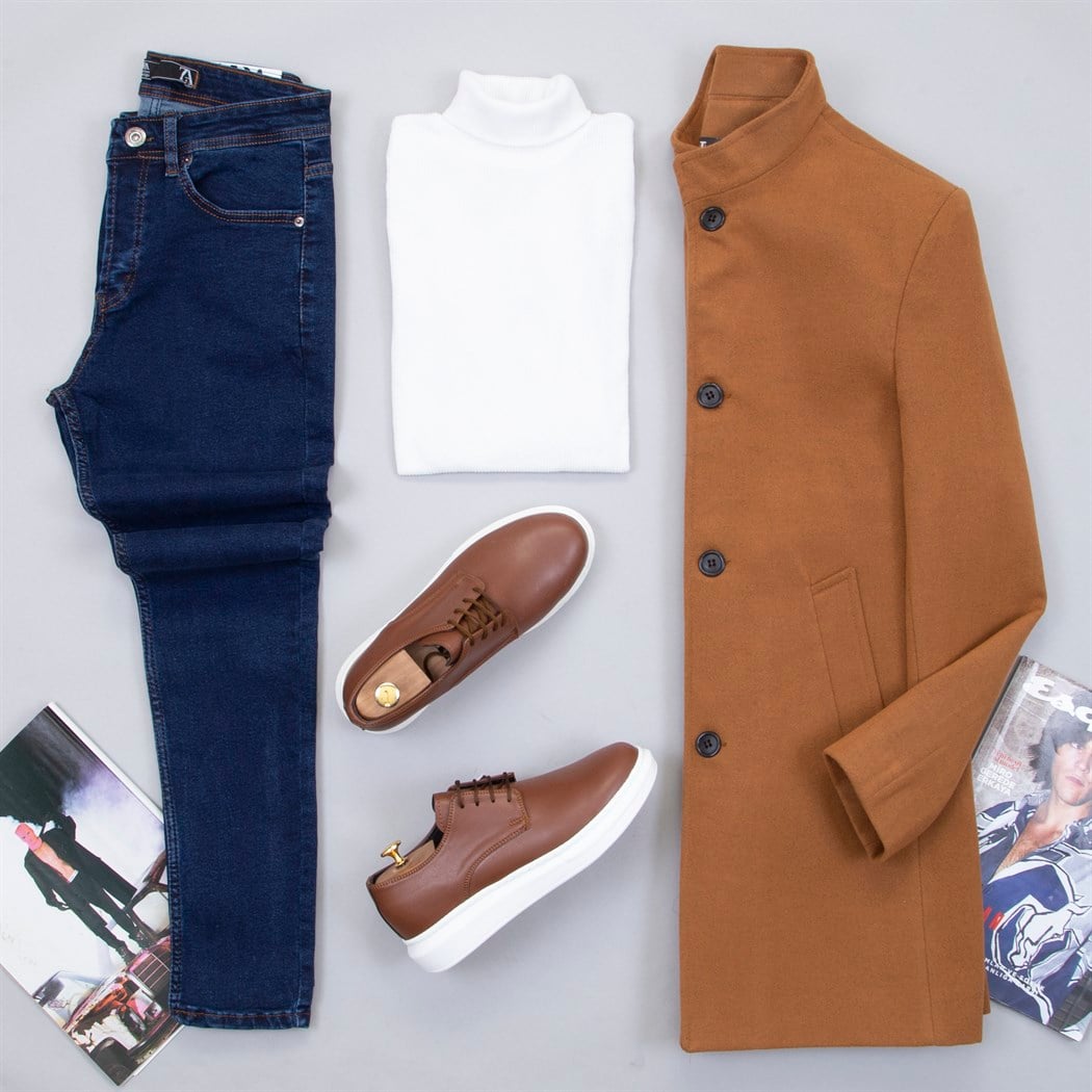 Taba Kaşe Kaban Boğazlı Kazak Pantolon Ayakkabı Kombin