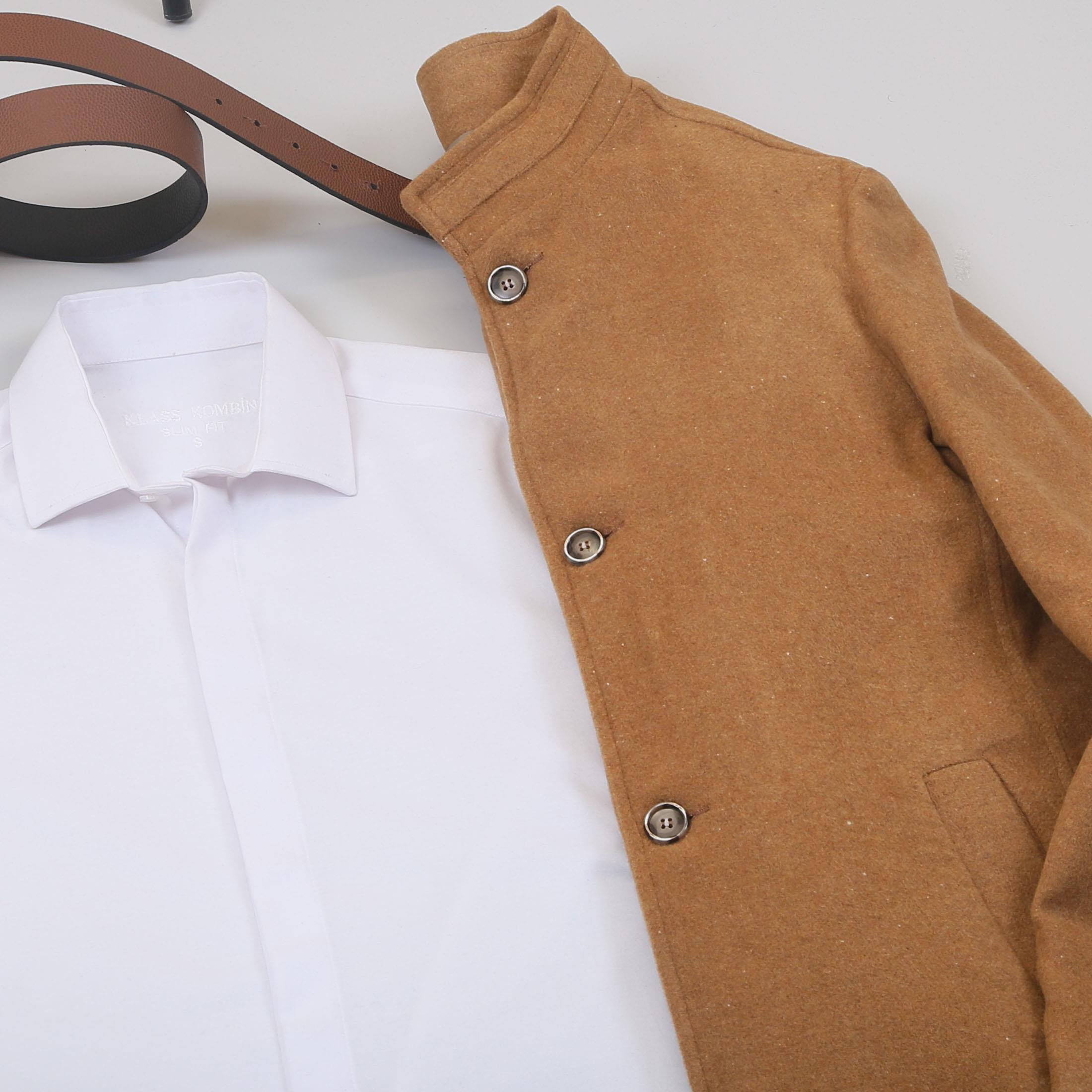 Taba Kaşe Kaban Gömlek Pantolon Ayakkabı Kombin