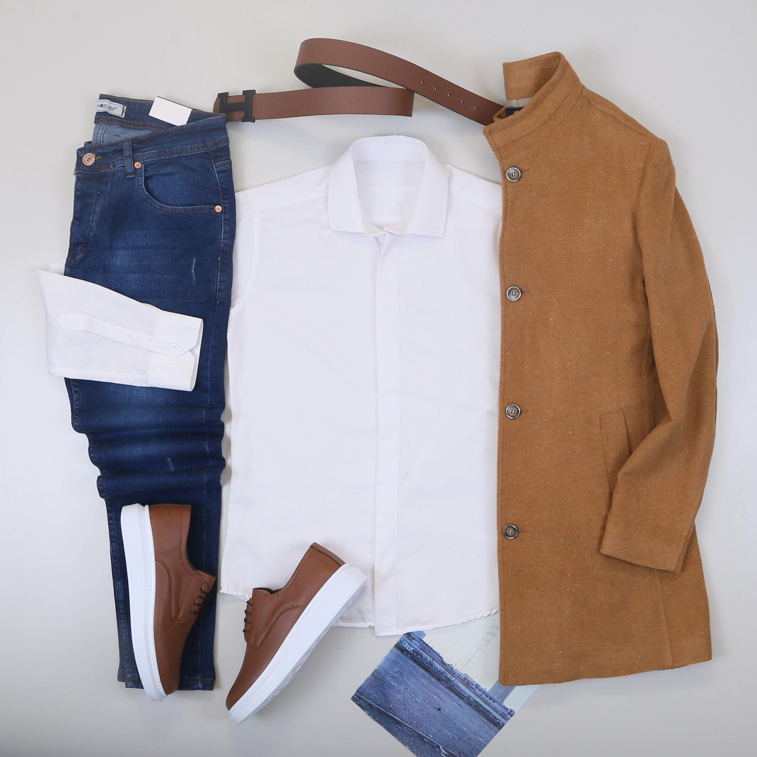 Taba Kaşe Kaban Gömlek Pantolon Ayakkabı Kombin