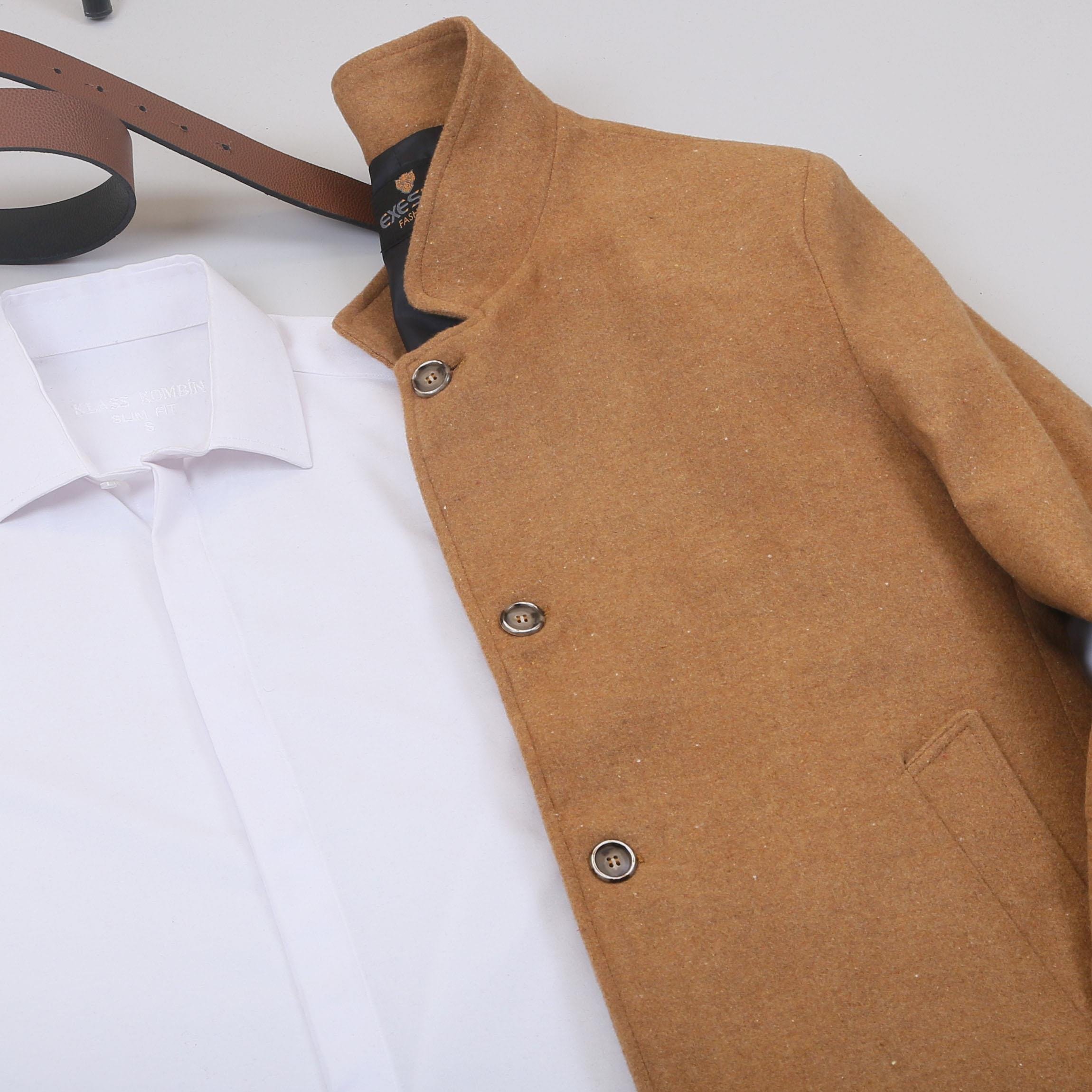 Taba Kaşe Kaban Gömlek Pantolon Bot Kombin