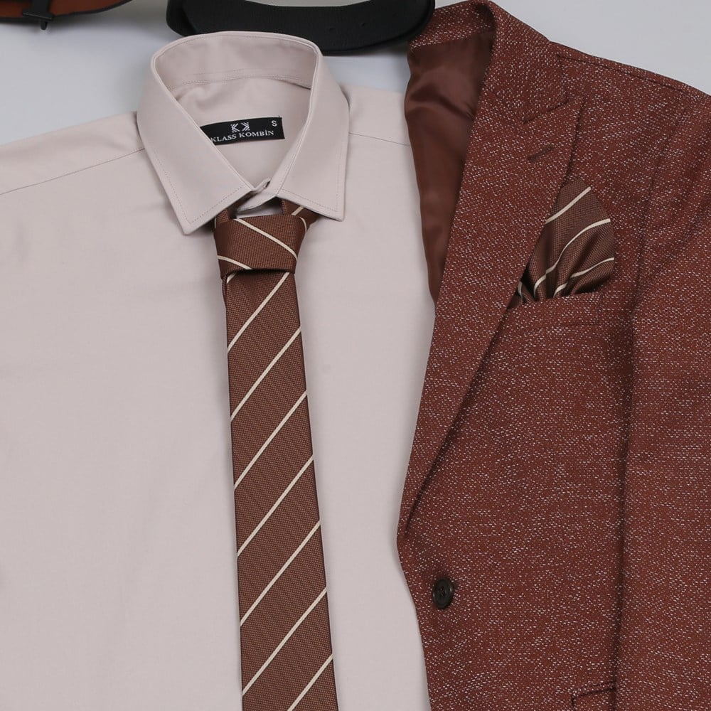 taba Kırçıllı  Blazer Ceket Beh Gömlek Bej Pantolon Ayakkabı Kombin