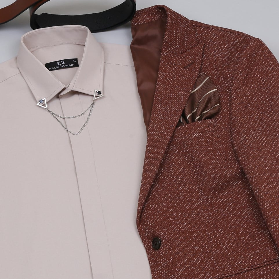 taba Kırçıllı  Blazer Ceket Bej Gömlek Bej Pantolon Taba Ayakkabı Kombinİ