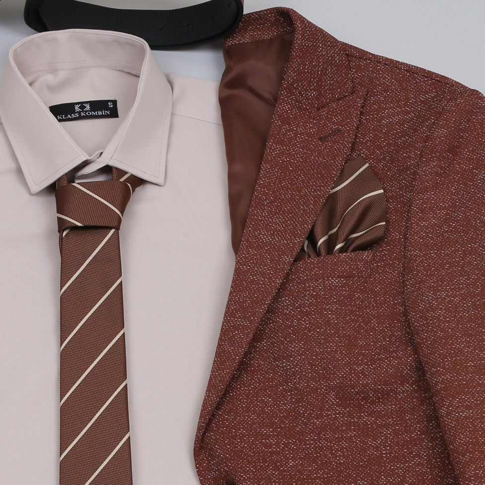 taba Kırçıllı  Blazer Ceket Bej Gömlek Bej Pantolon Taba Ayakkabı Kombin