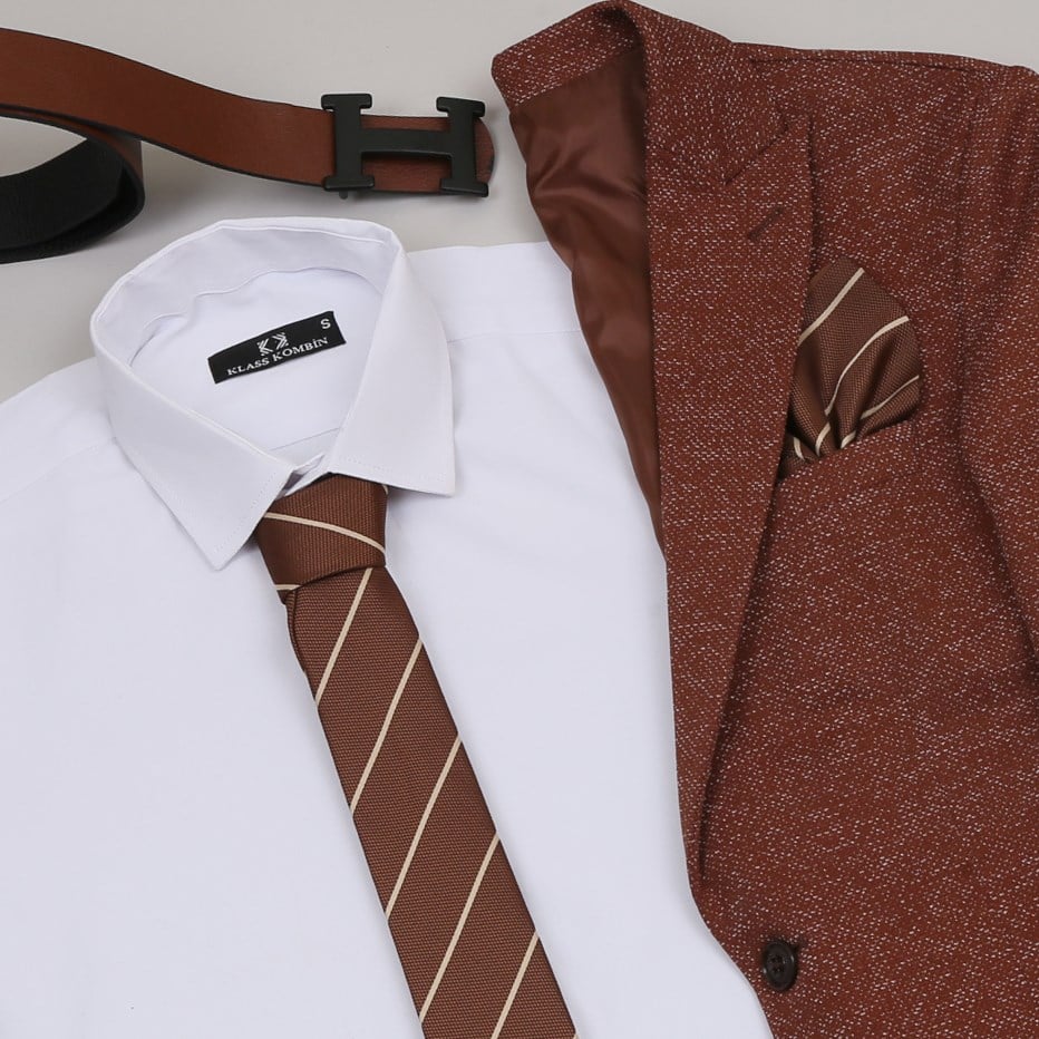 taba Kırçıllı  Blazer Ceket Beyaz Gömlek Kahve Pantolon Ayakkabı Kombin