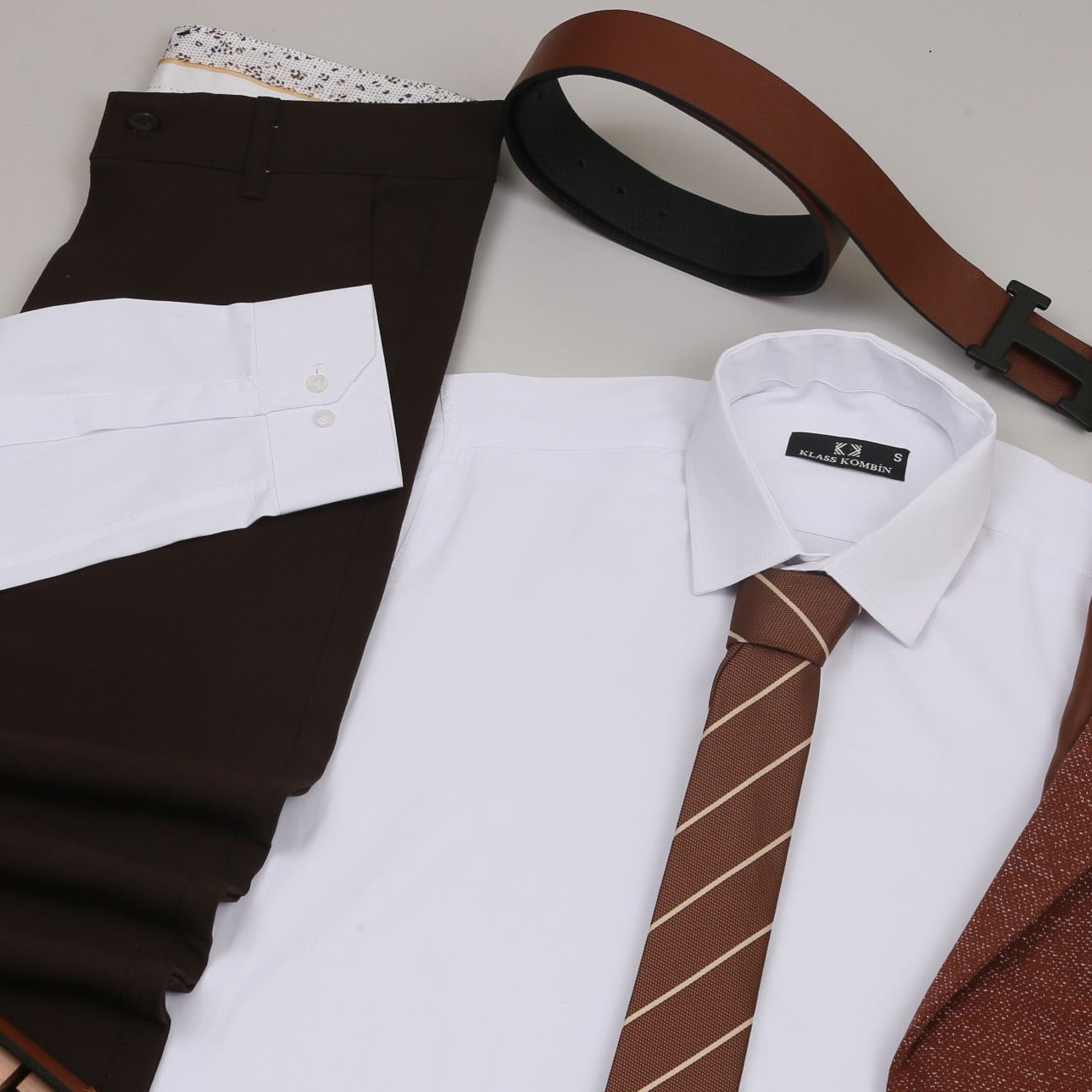 taba Kırçıllı  Blazer Ceket Gömlek Kahve Pantolon Ayakkabı Kombin