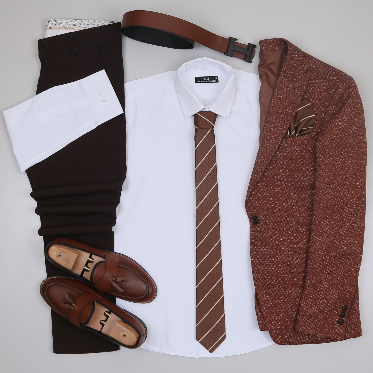 taba Kırçıllı  Blazer Ceket Gömlek Kahve Pantolon Ayakkabı Kombin