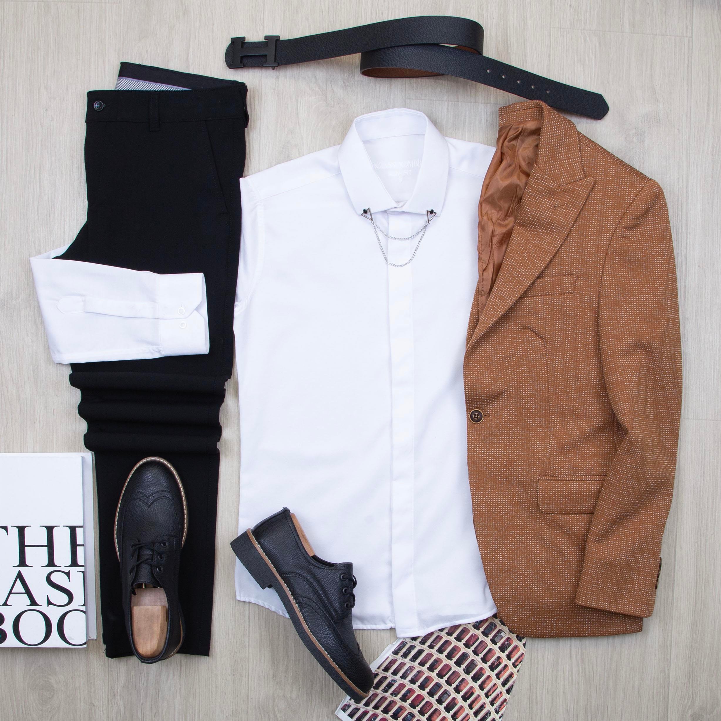 Taba Kırçıllı Blazer Ceket Gömlek Pantolon Ayakkabı Kombin