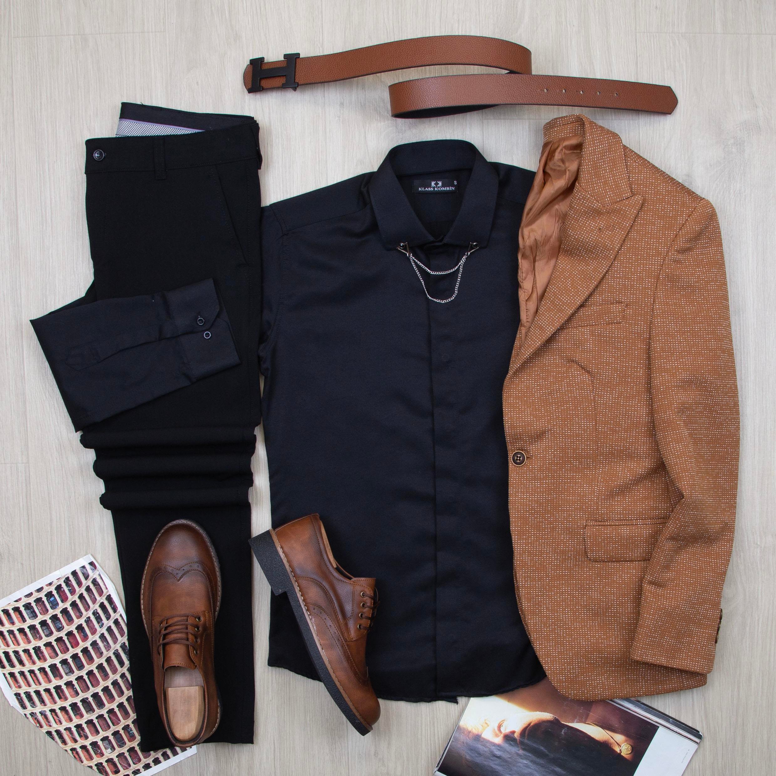 Taba Kırçıllı Blazer Ceket Gömlek Pantolon Ayakkabı Kombin