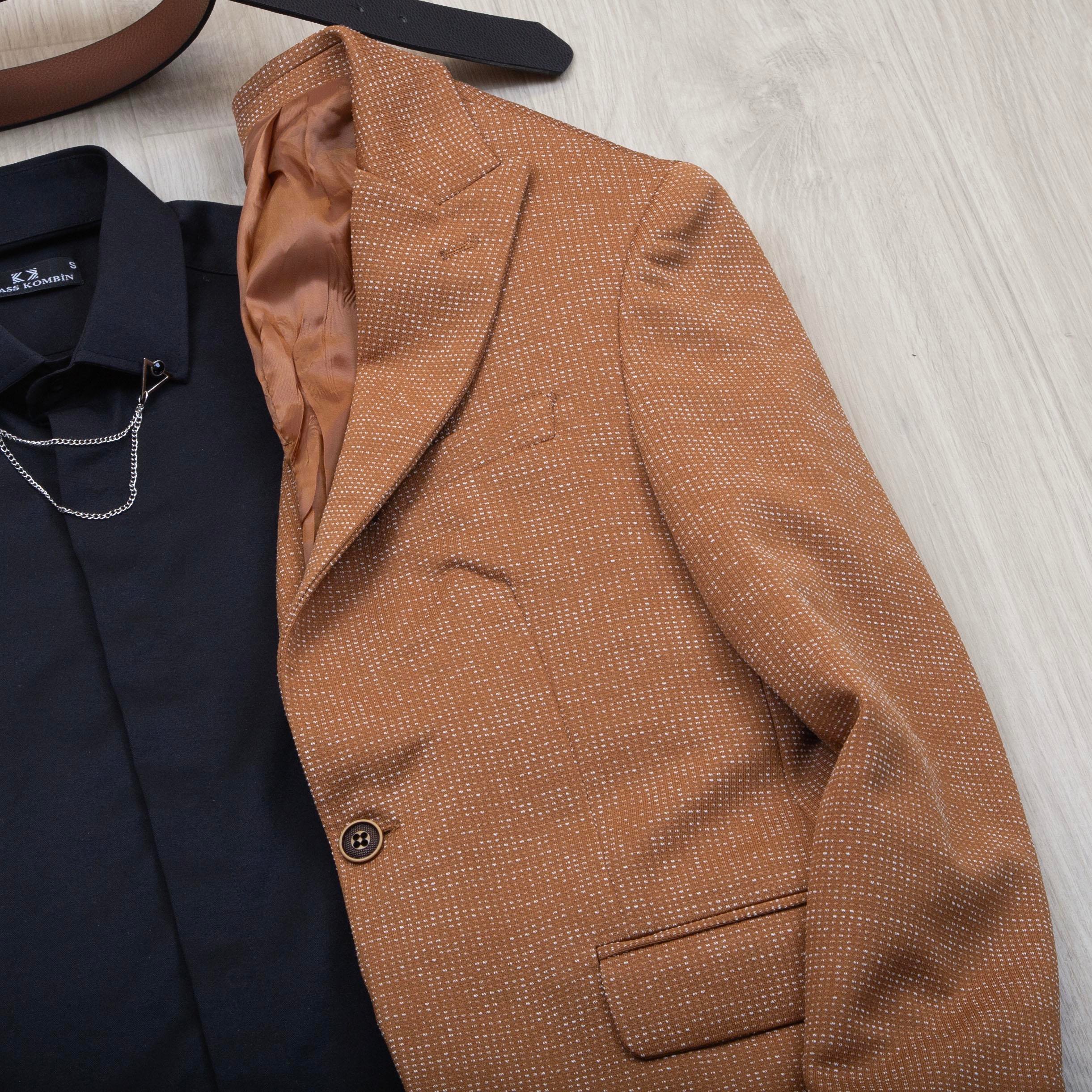 Taba Kırçıllı Blazer Ceket Gömlek Pantolon Ayakkabı Kombin