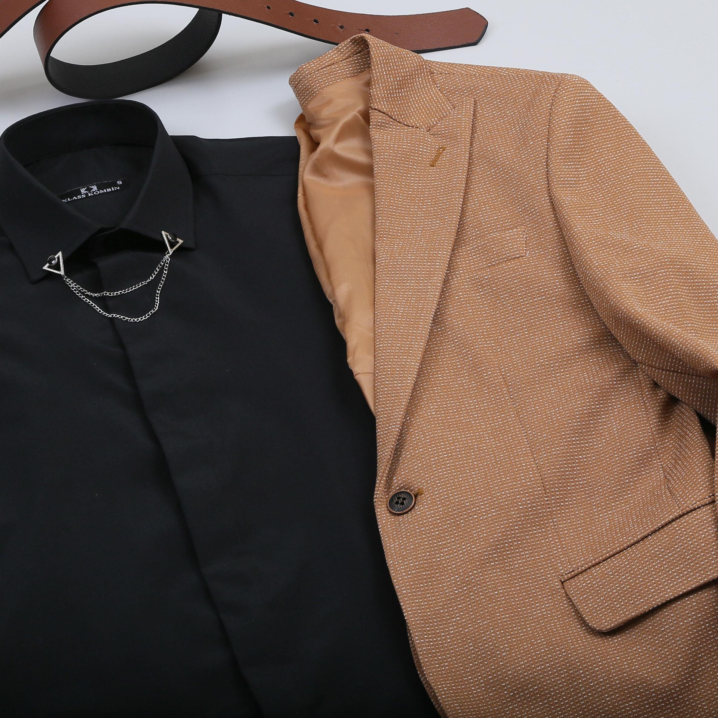 Taba Kırçıllı Blazer Ceket Gömlek Pantolon Ayakkabı Kombin