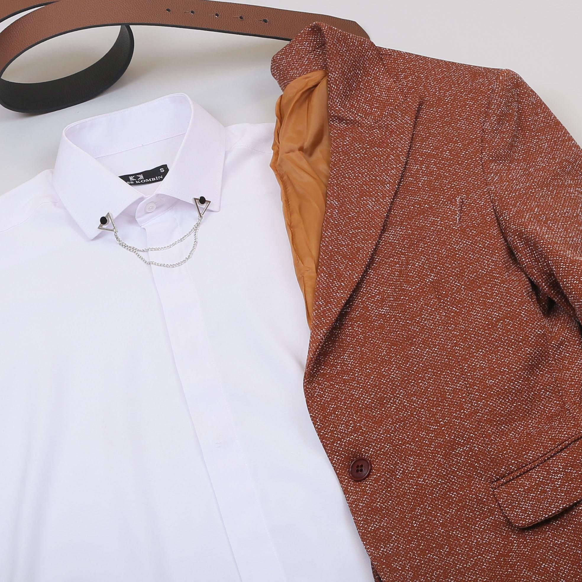 Taba Kırçıllı Blazer Ceket Gömlek Pantolon Ayakkabı Kombin