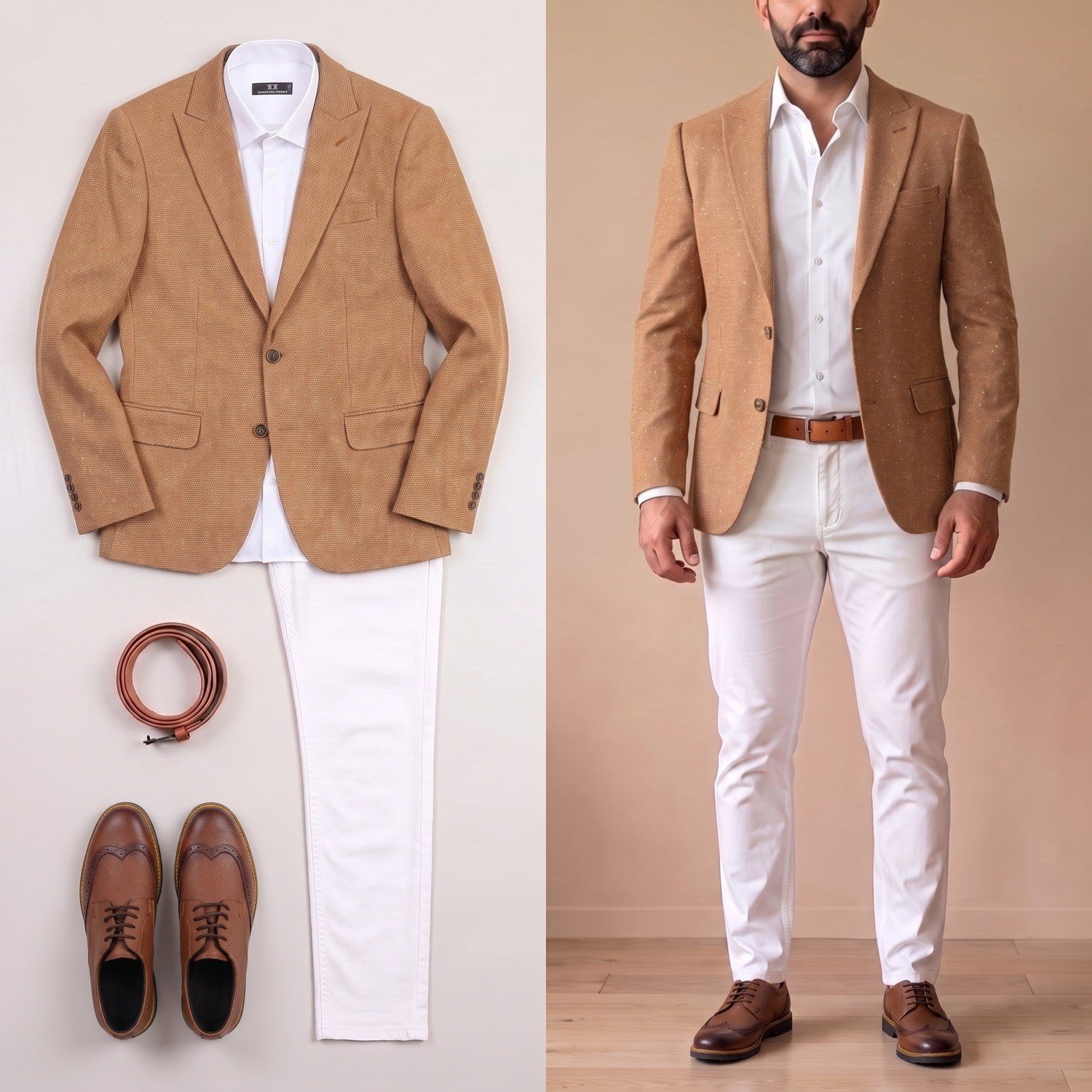 Taba Kırçıllı Blazer Ceket Kombini Erkek | Slim Fit Şık Komple Set 