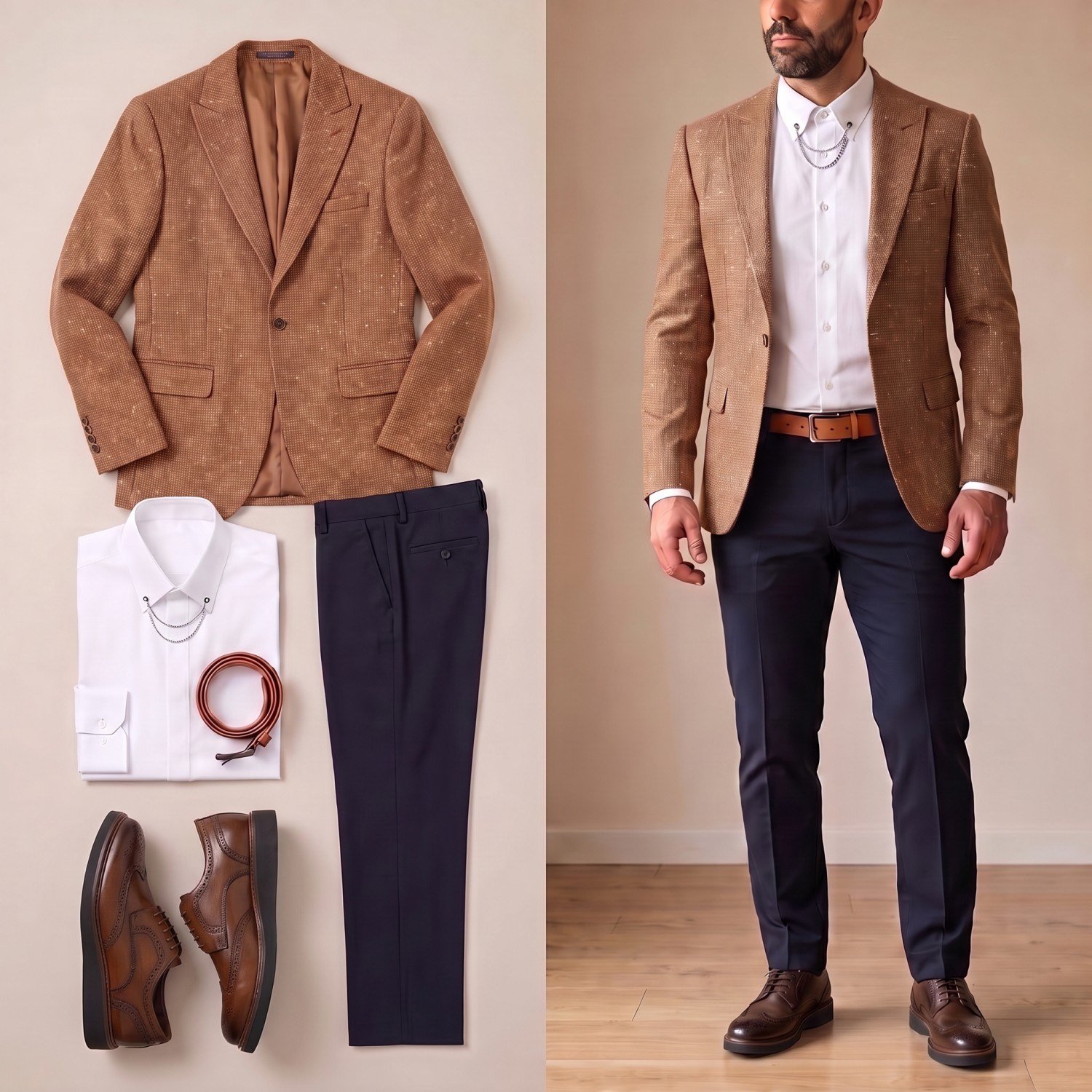 Taba Kırçıllı Blazer Ceket Kombini Erkek | Slim Fit Şık Komple Set 