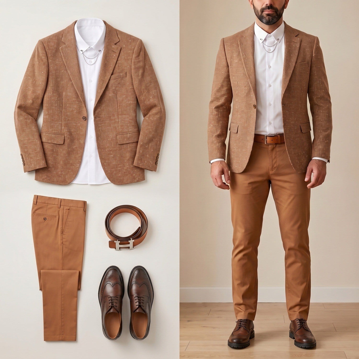 Taba Kırçıllı Blazer Ceket Gömlek Pantolon Ayakkabı Kombin