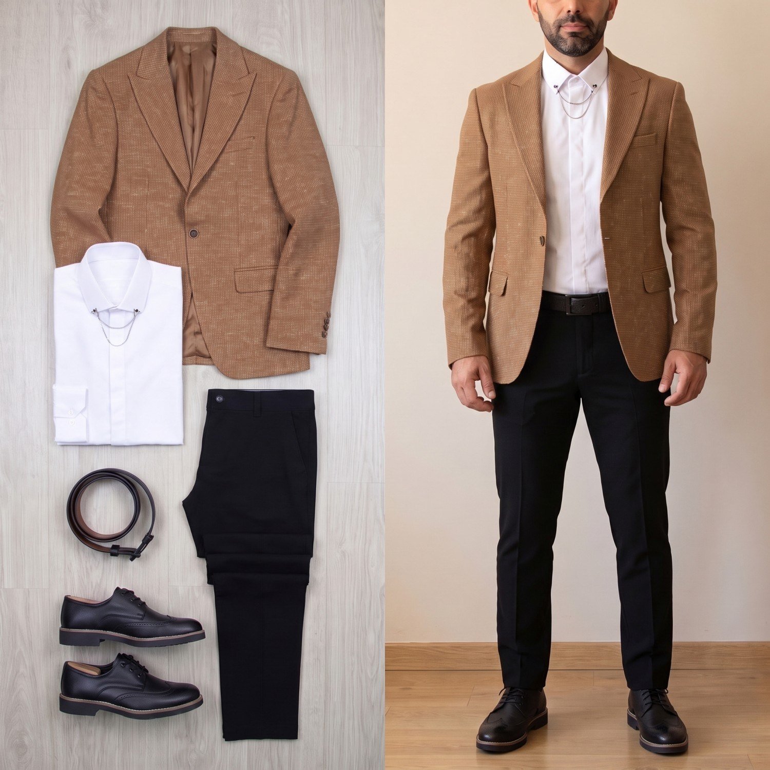 Taba Kırçıllı Blazer Ceket Kombini Erkek | Slim Fit Şık Komple Set