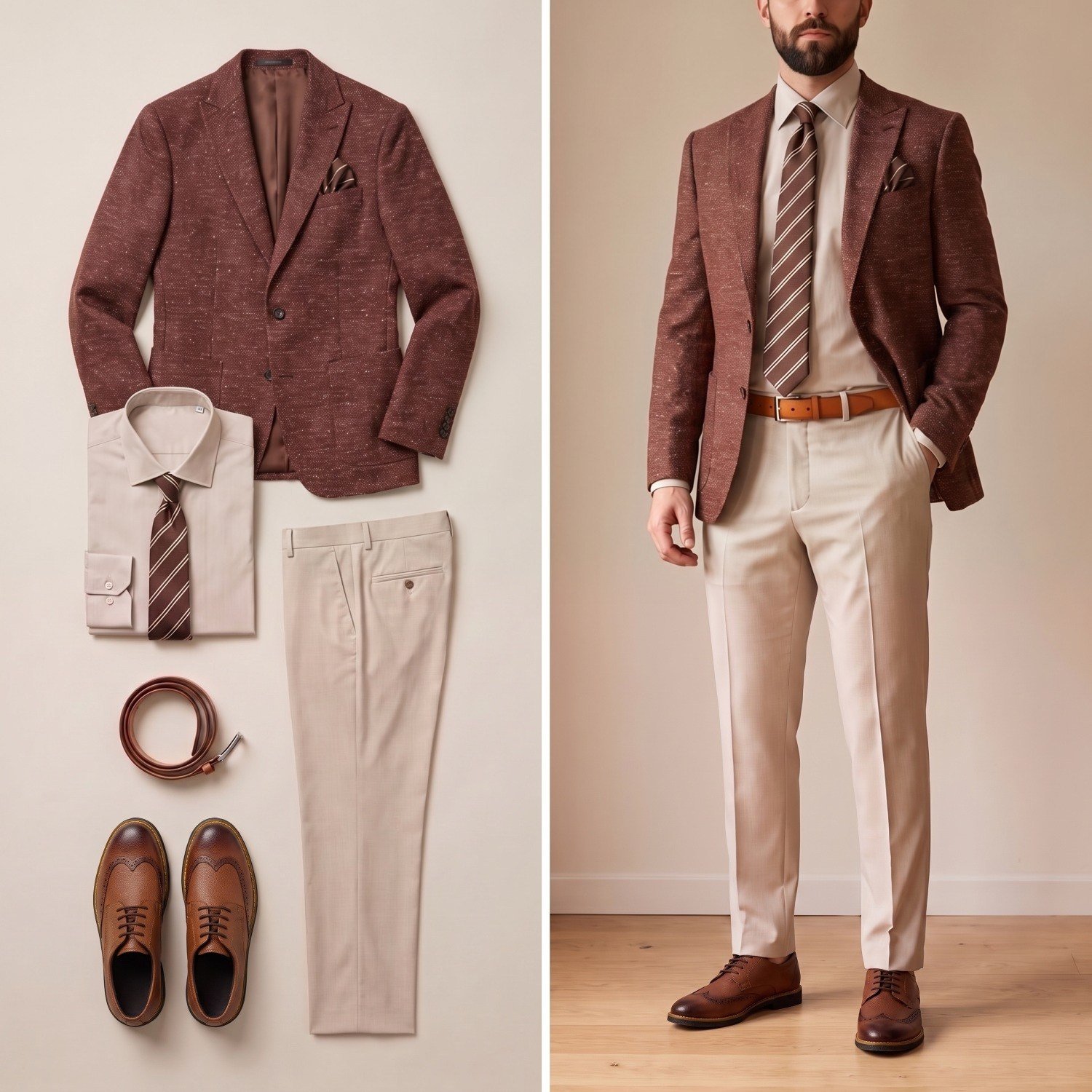 Taba Kırçıllı Blazer Ceket Kombini Erkek | Slim Fit Şık Komple Set 