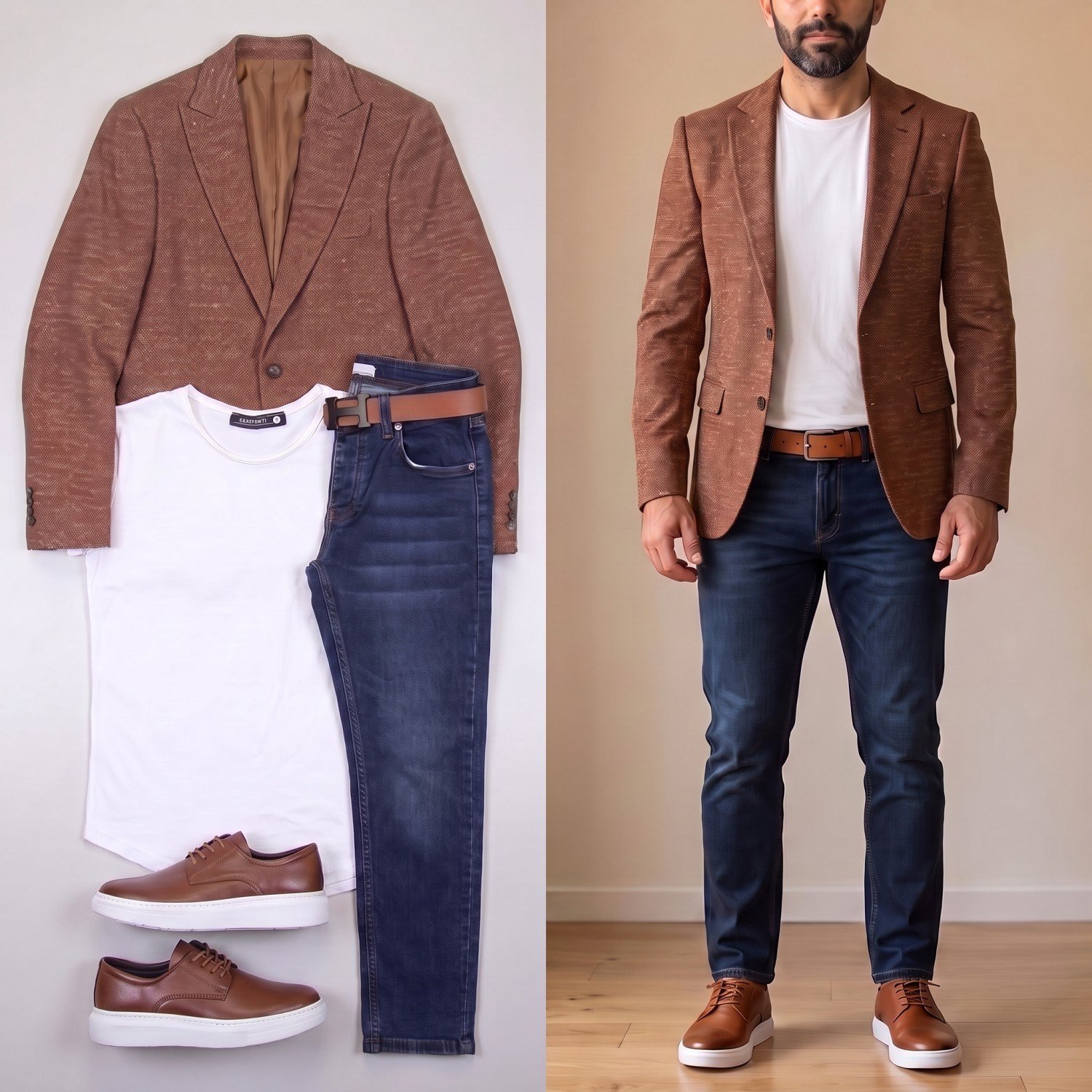 Taba Kırçıllı Blazer Ceket Kombini Erkek | Slim Fit Şık Komple Set 