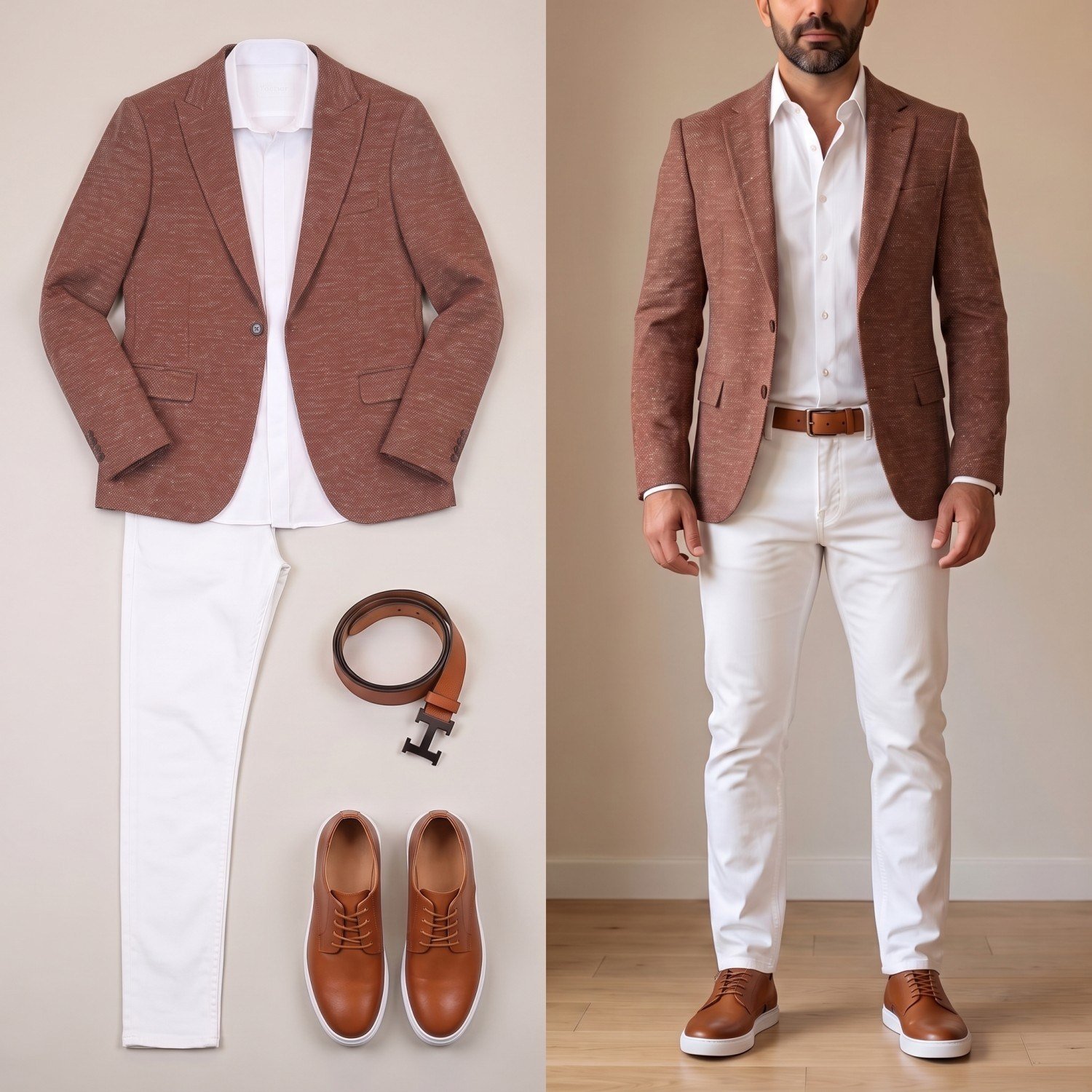 Taba Kırçıllı Blazer Ceket Kombini Erkek | Slim Fit Şık Komple Set 